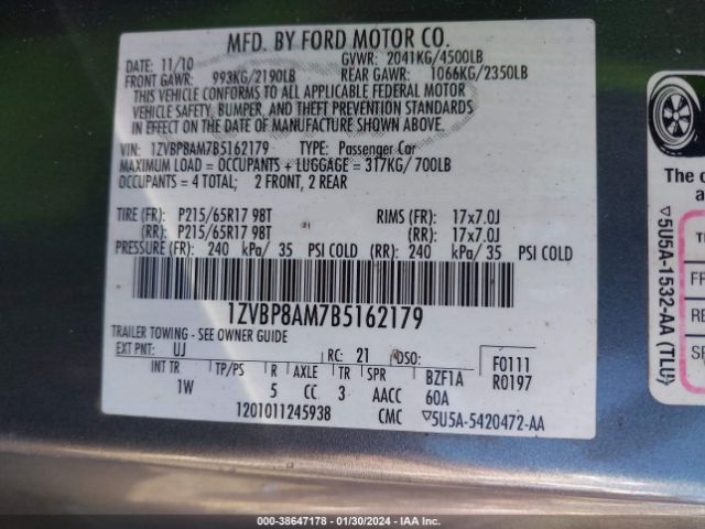 Photo 8 VIN: 1ZVBP8AM7B5162179 - FORD MUSTANG 