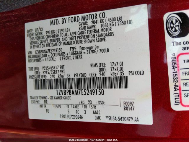 Photo 8 VIN: 1ZVBP8AM7E5249150 - FORD MUSTANG 