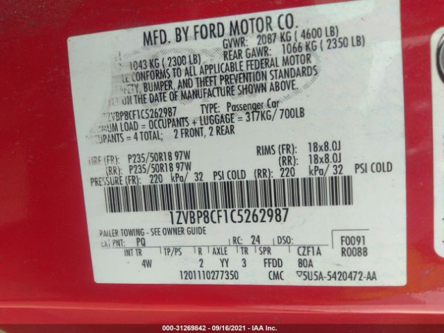 Photo 8 VIN: 1ZVBP8CF1C5262987 - FORD MUSTANG 