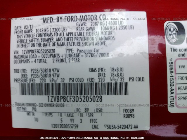 Photo 8 VIN: 1ZVBP8CF3D5205028 - FORD MUSTANG 