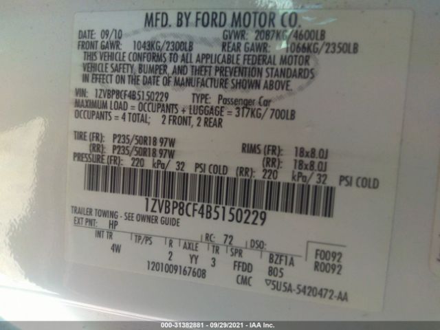 Photo 8 VIN: 1ZVBP8CF4B5150229 - FORD MUSTANG 