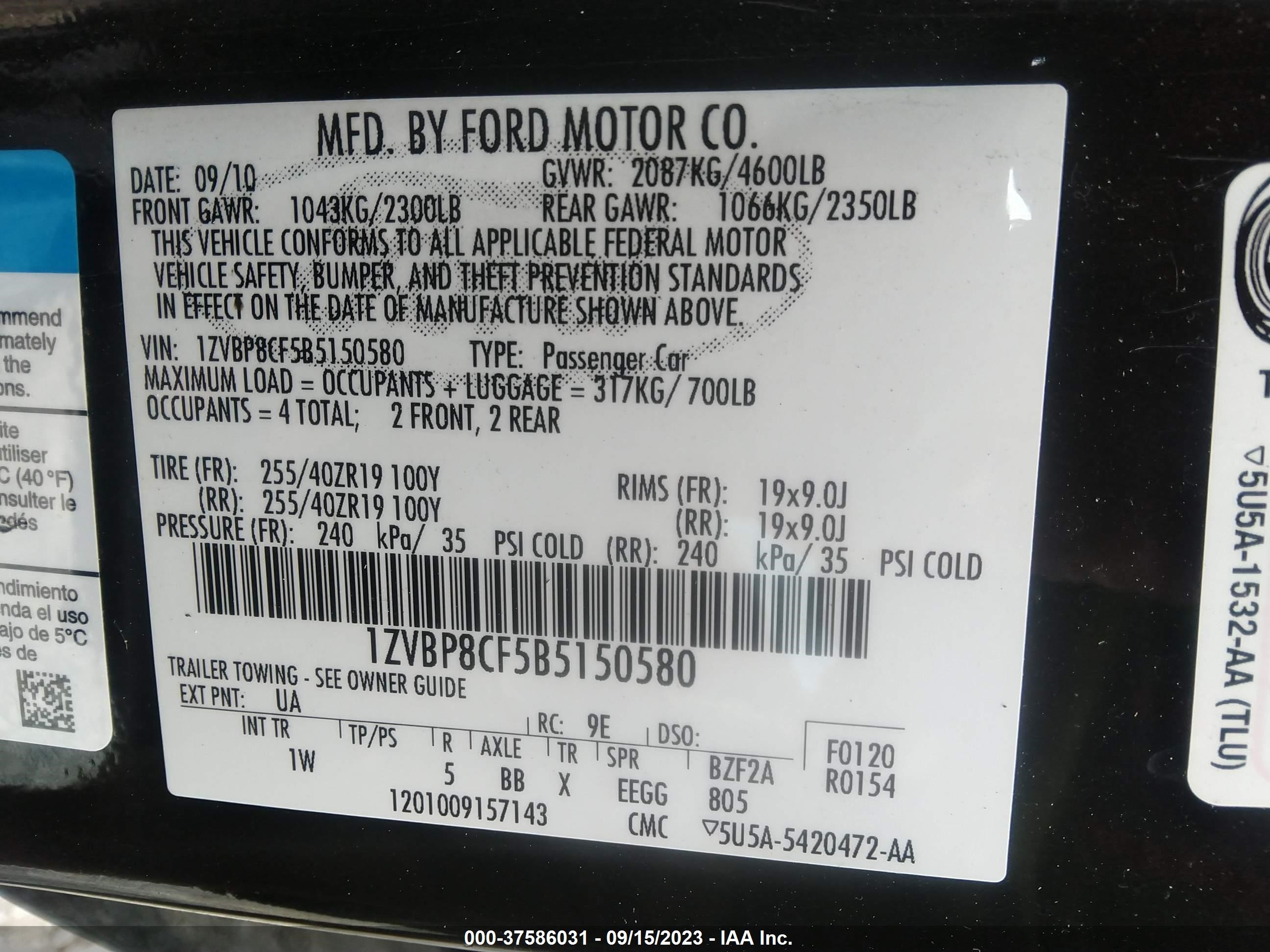 Photo 8 VIN: 1ZVBP8CF5B5150580 - FORD MUSTANG 