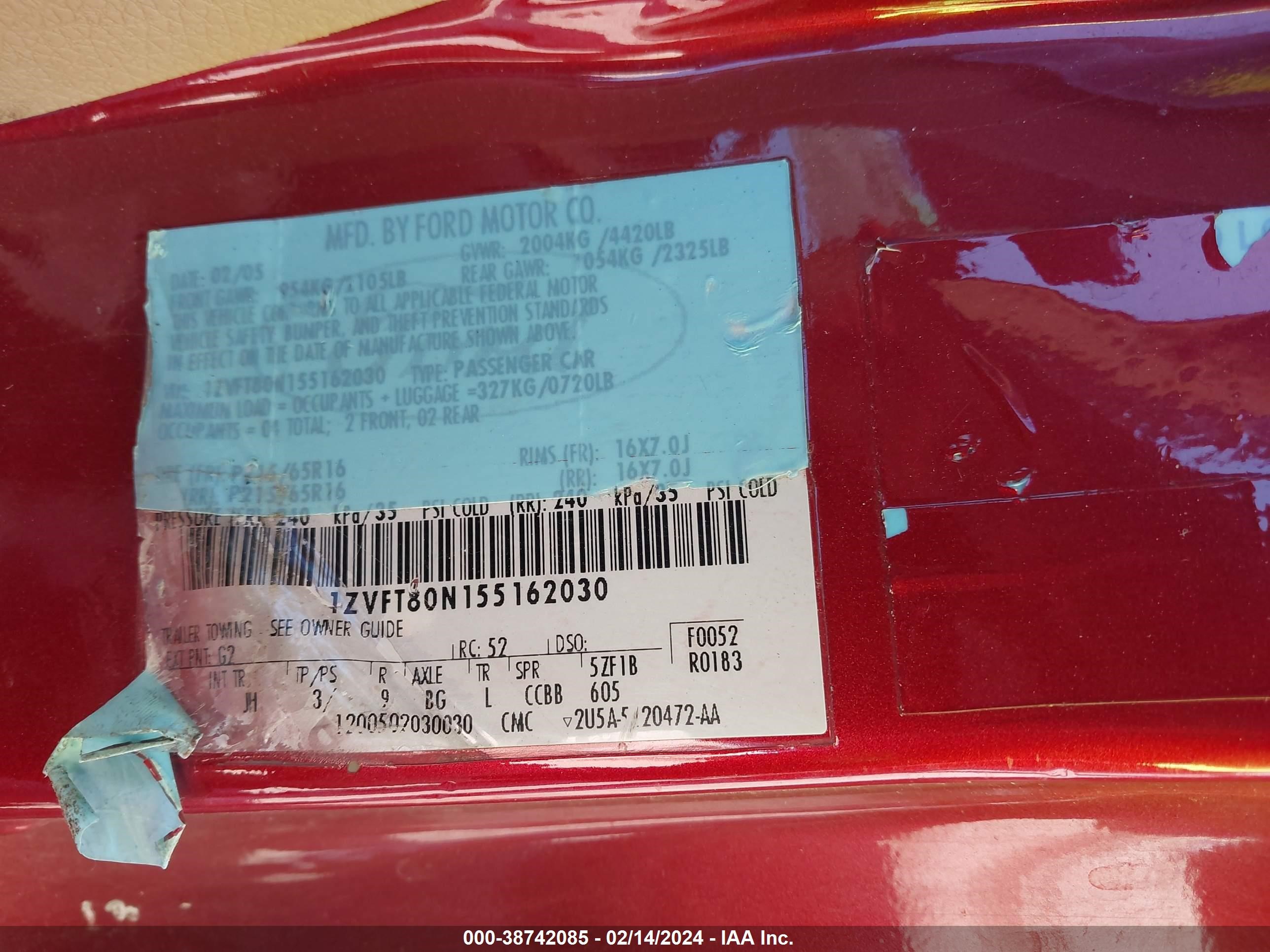 Photo 8 VIN: 1ZVFT80N155162030 - FORD MUSTANG 