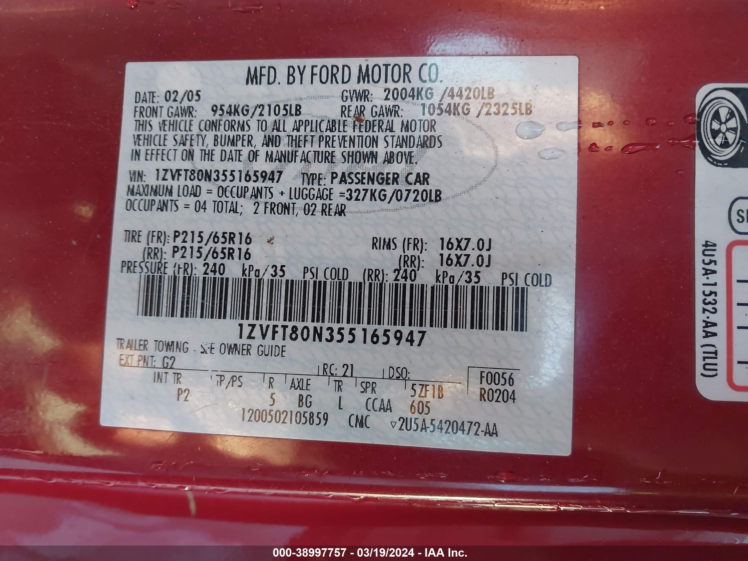 Photo 8 VIN: 1ZVFT80N355165947 - FORD MUSTANG 