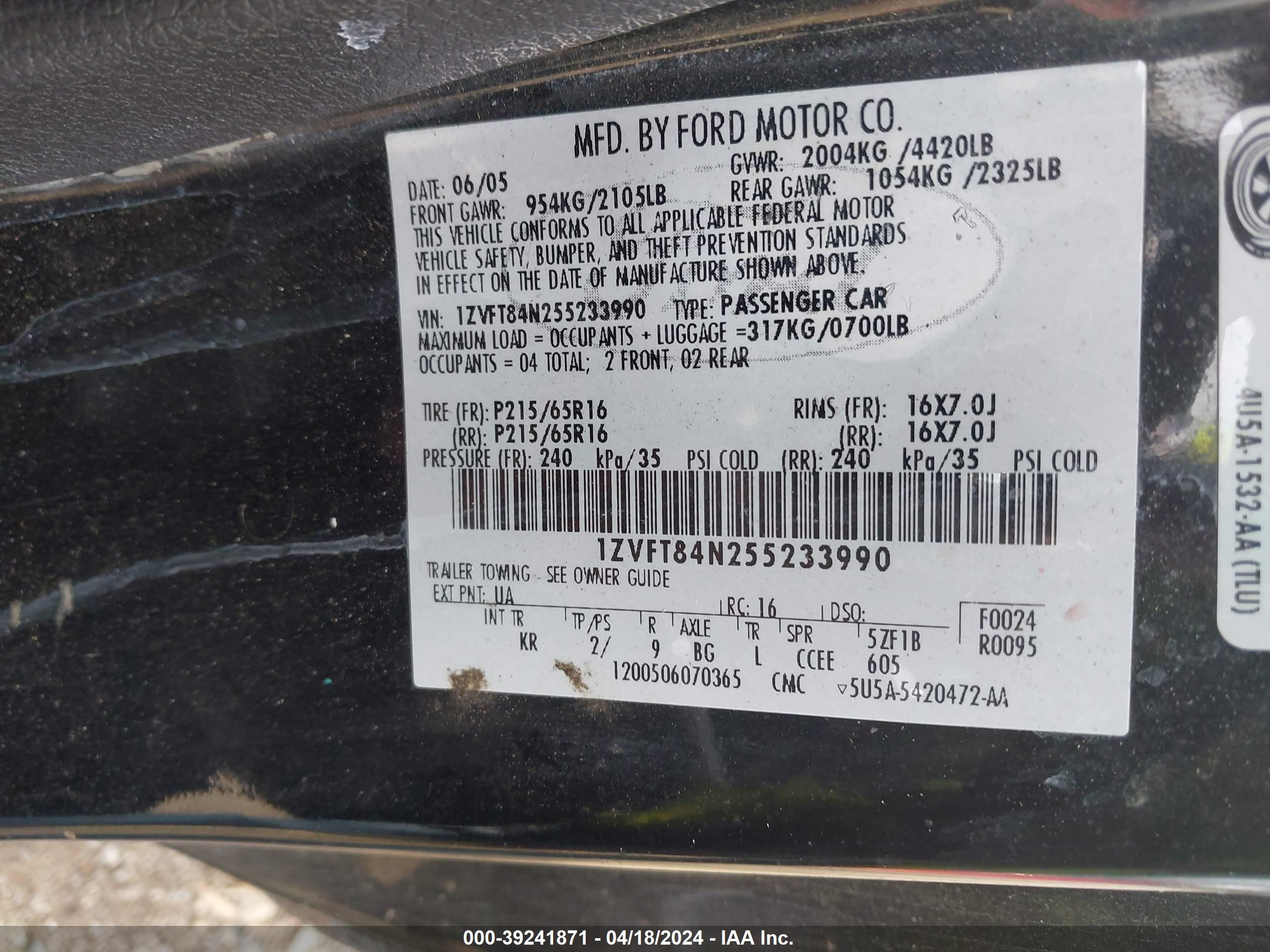 Photo 8 VIN: 1ZVFT84N255233990 - FORD MUSTANG 