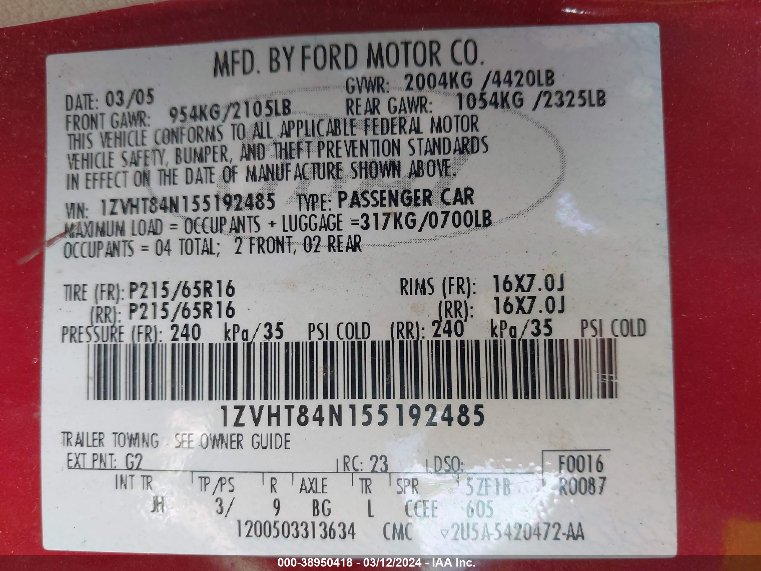 Photo 8 VIN: 1ZVHT84N155192485 - FORD MUSTANG 