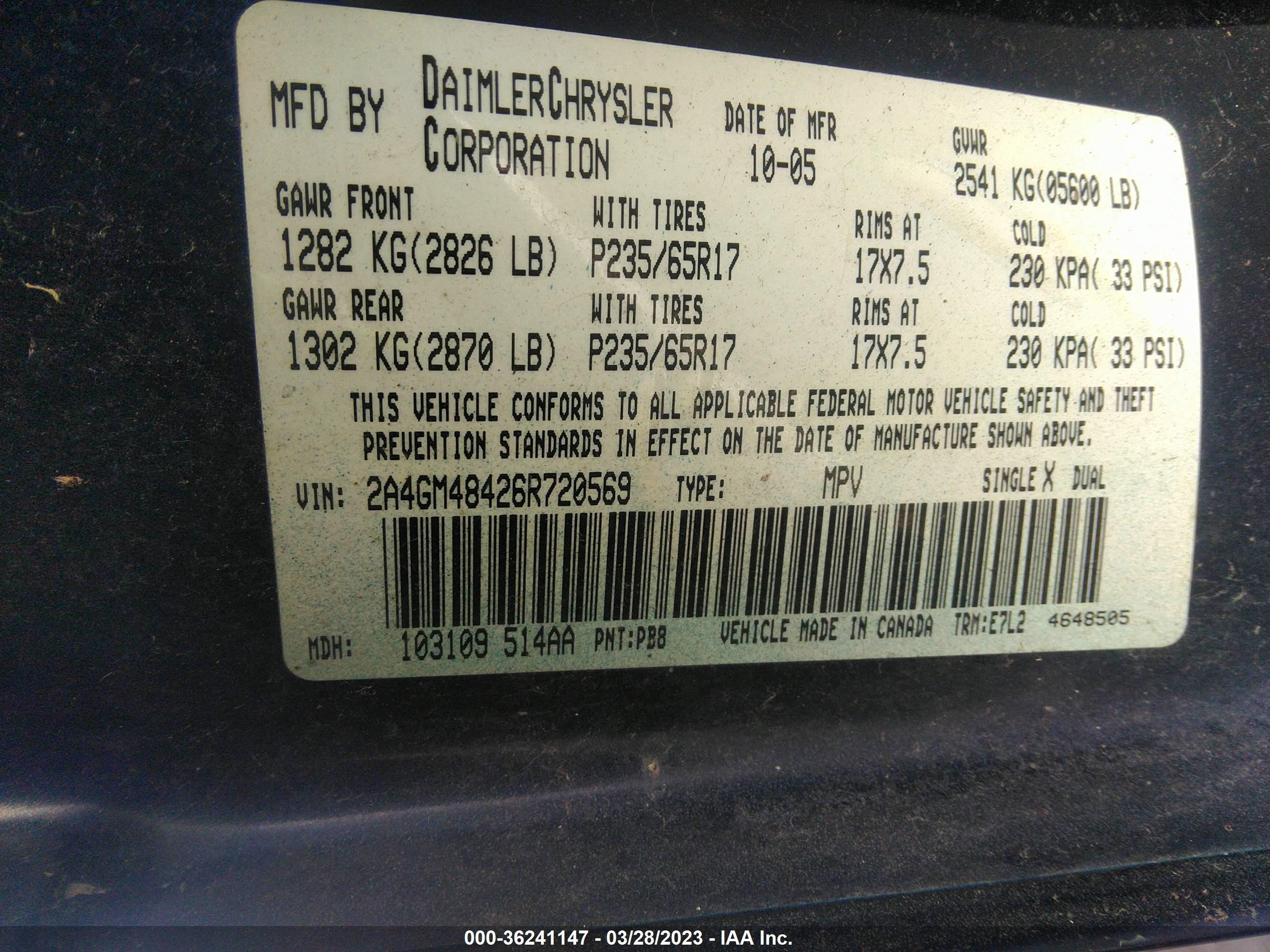 Photo 8 VIN: 2A4GM48426R720569 - CHRYSLER PACIFICA 