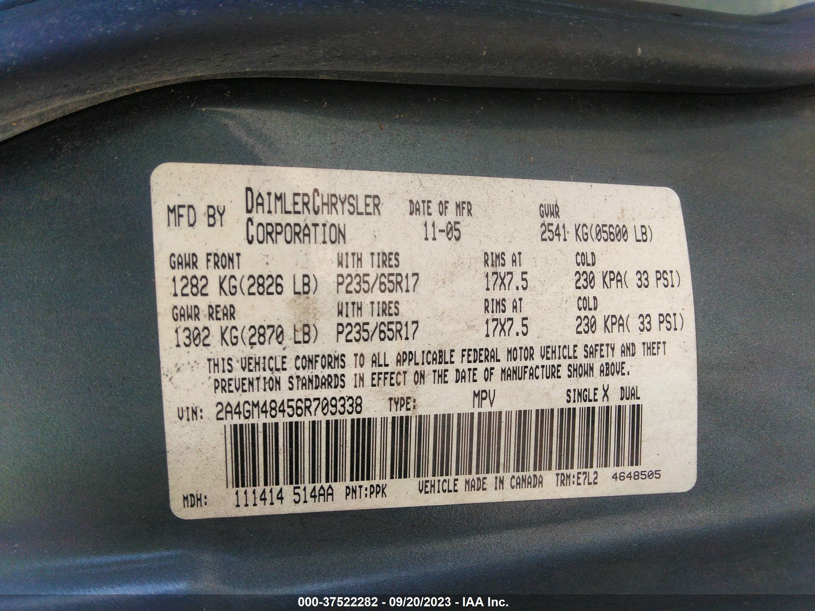 Photo 8 VIN: 2A4GM48456R709338 - CHRYSLER PACIFICA 