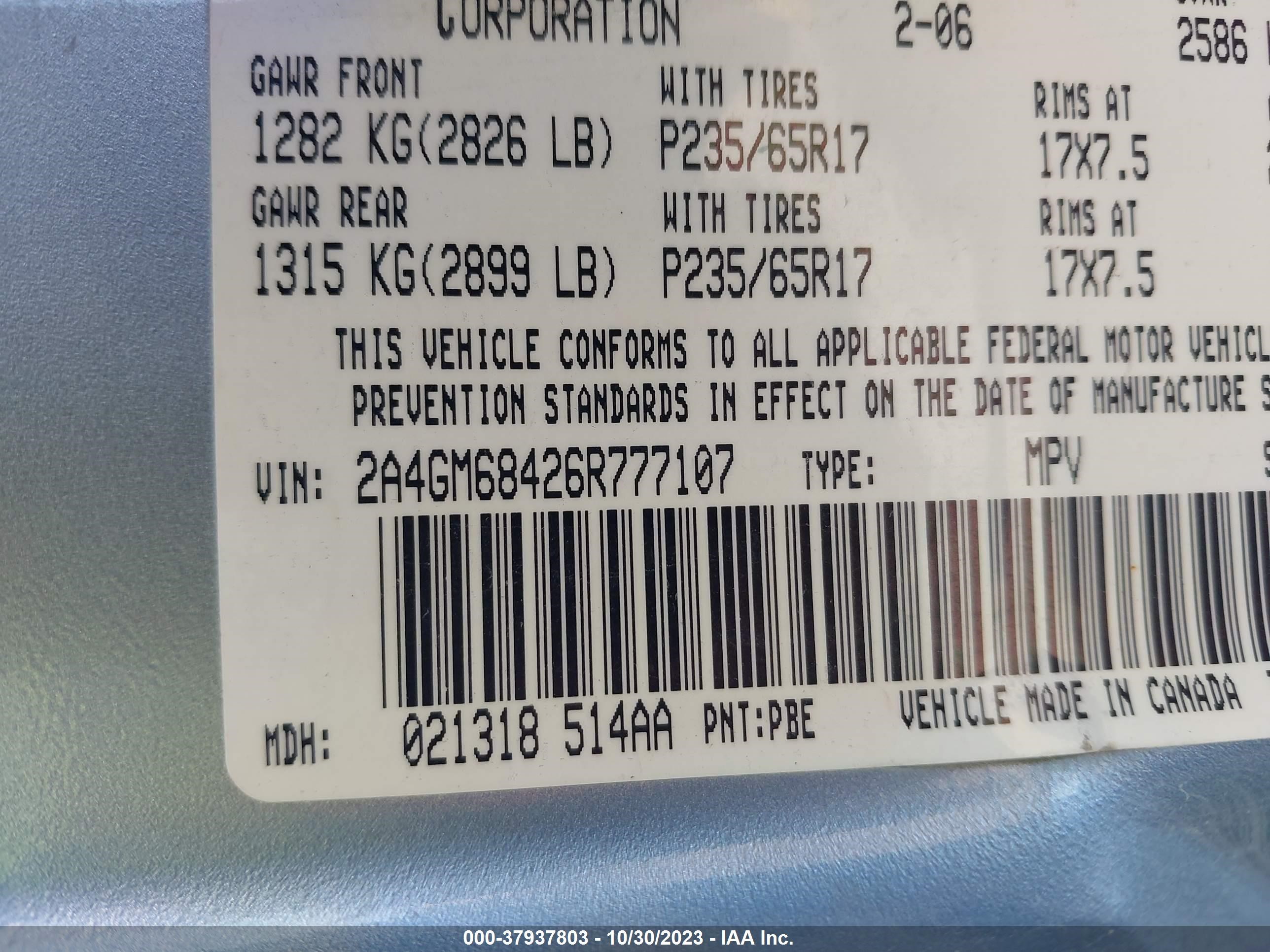 Photo 8 VIN: 2A4GM68426R777107 - CHRYSLER PACIFICA 