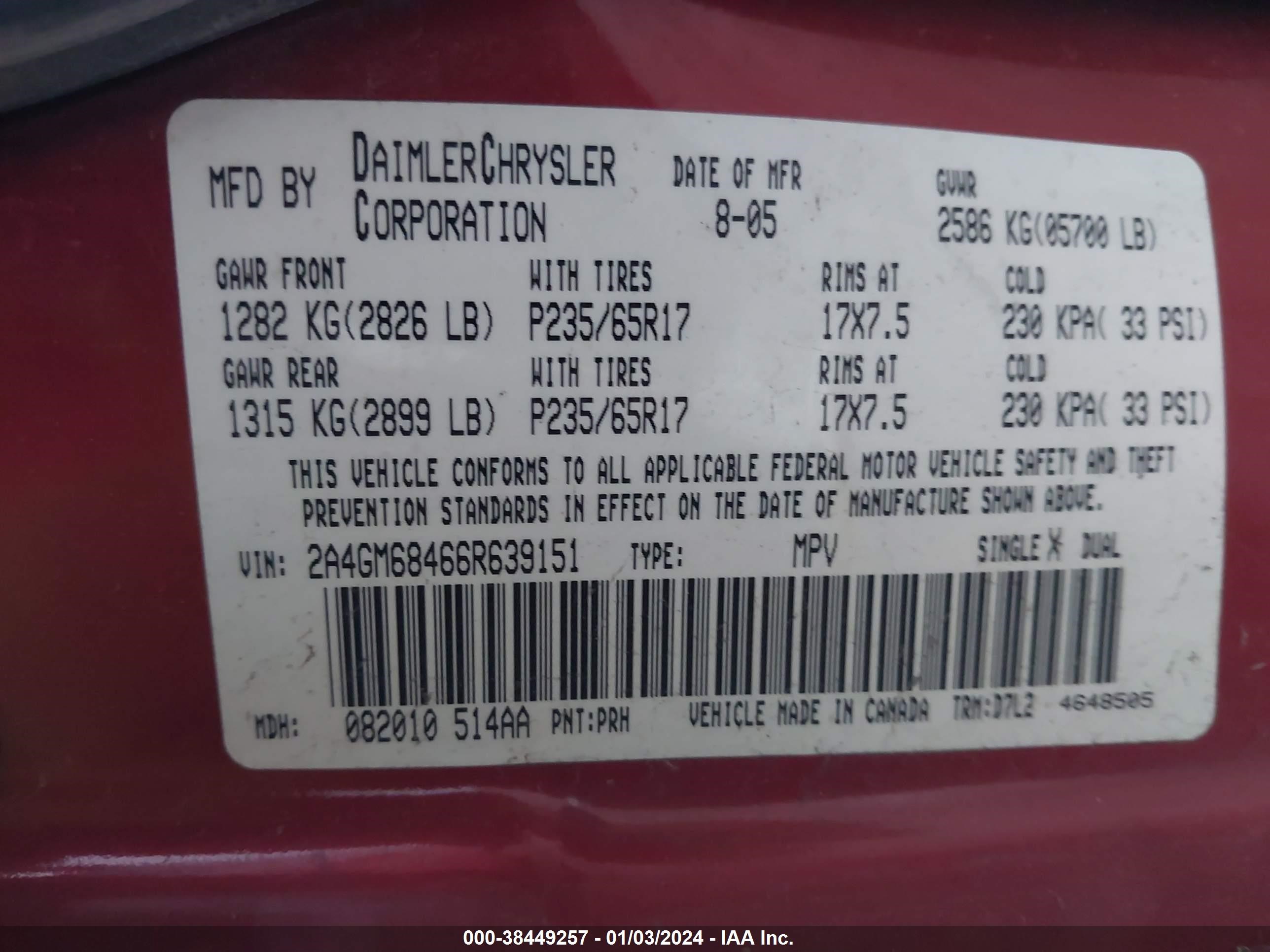 Photo 8 VIN: 2A4GM68466R639151 - CHRYSLER PACIFICA 