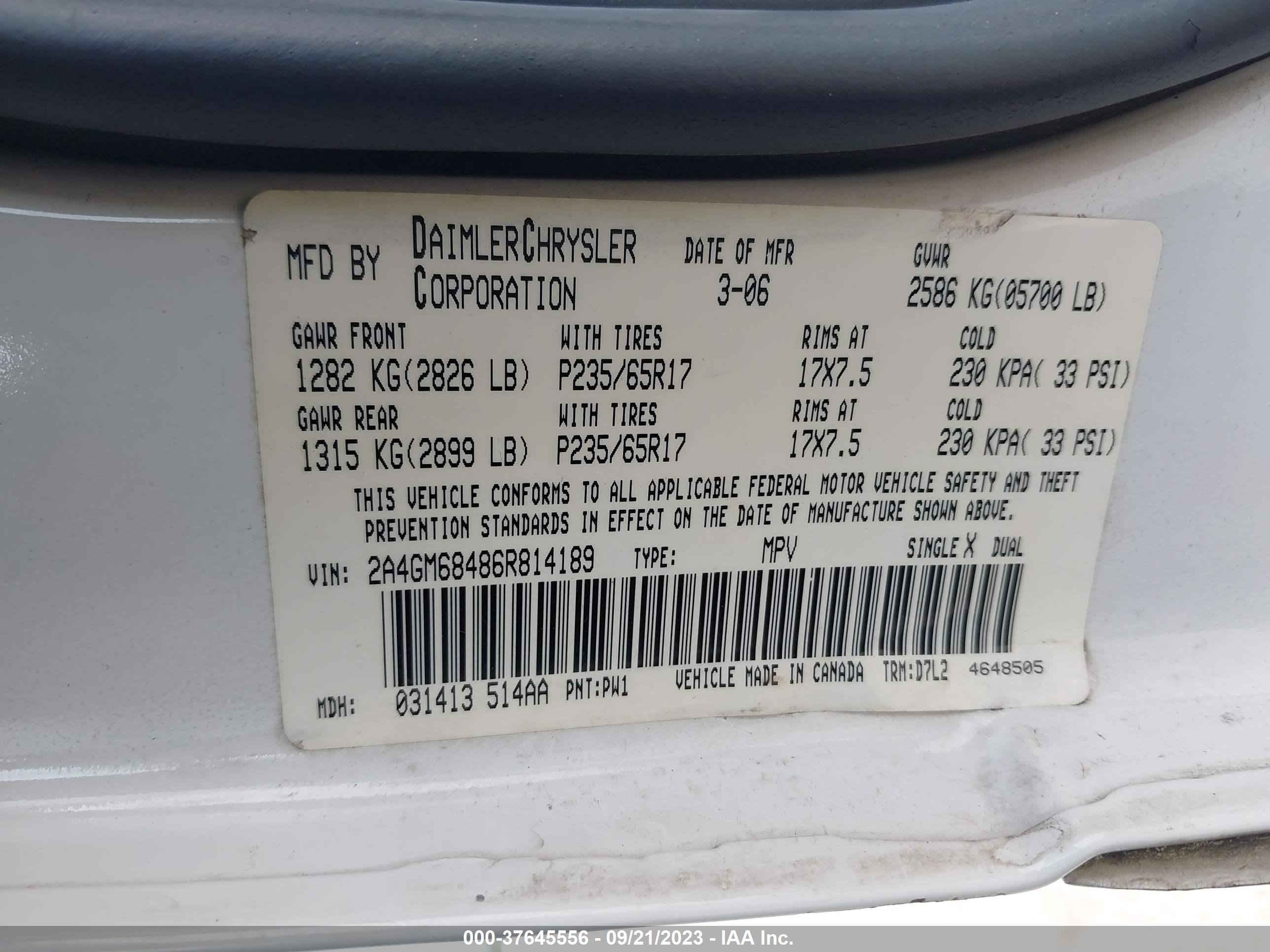 Photo 8 VIN: 2A4GM68486R814189 - CHRYSLER PACIFICA 