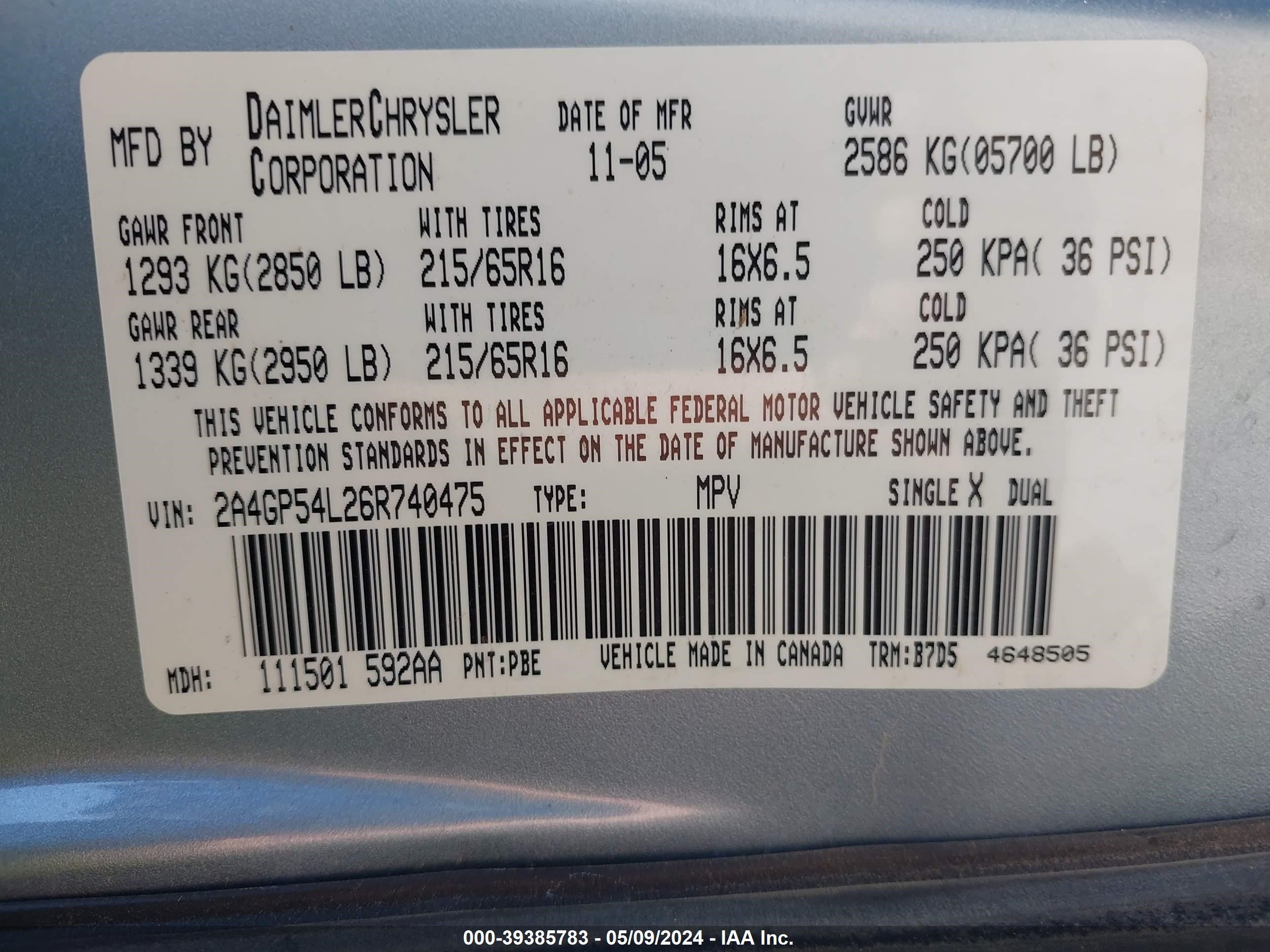 Photo 8 VIN: 2A4GP54L26R740475 - CHRYSLER TOWN & COUNTRY 