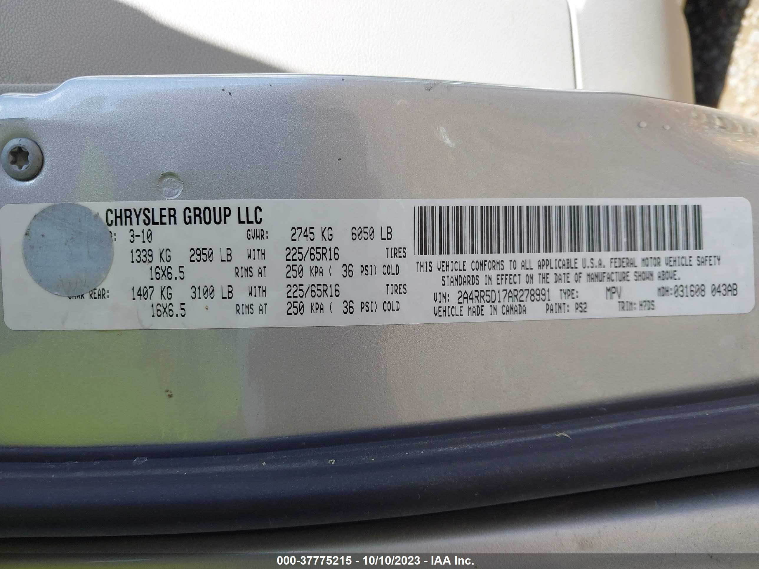 Photo 8 VIN: 2A4RR5D17AR278991 - CHRYSLER TOWN & COUNTRY 