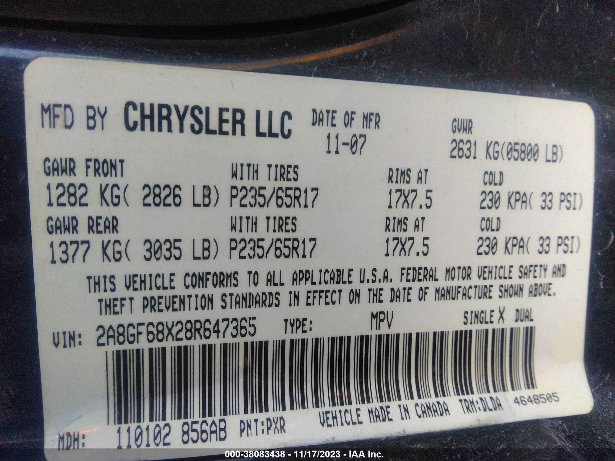 Photo 8 VIN: 2A8GF68X28R647365 - CHRYSLER PACIFICA 