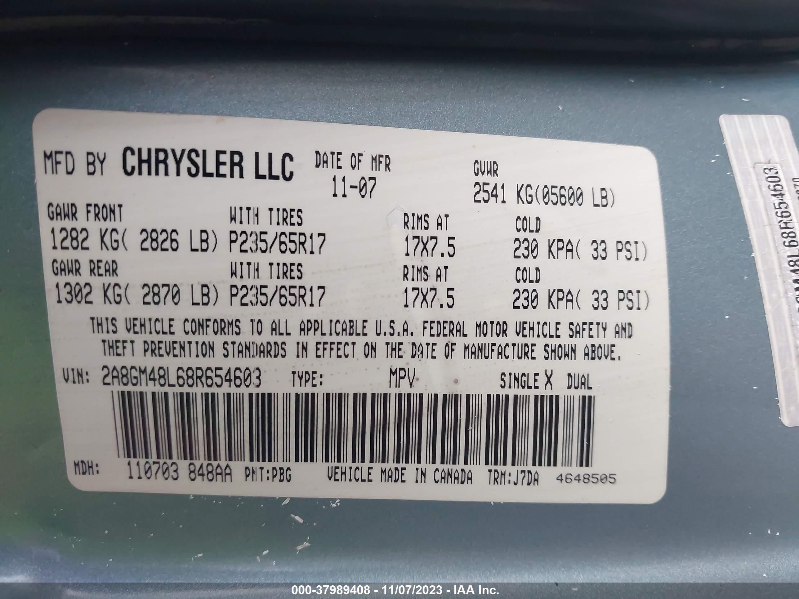 Photo 8 VIN: 2A8GM48L68R654603 - CHRYSLER PACIFICA 