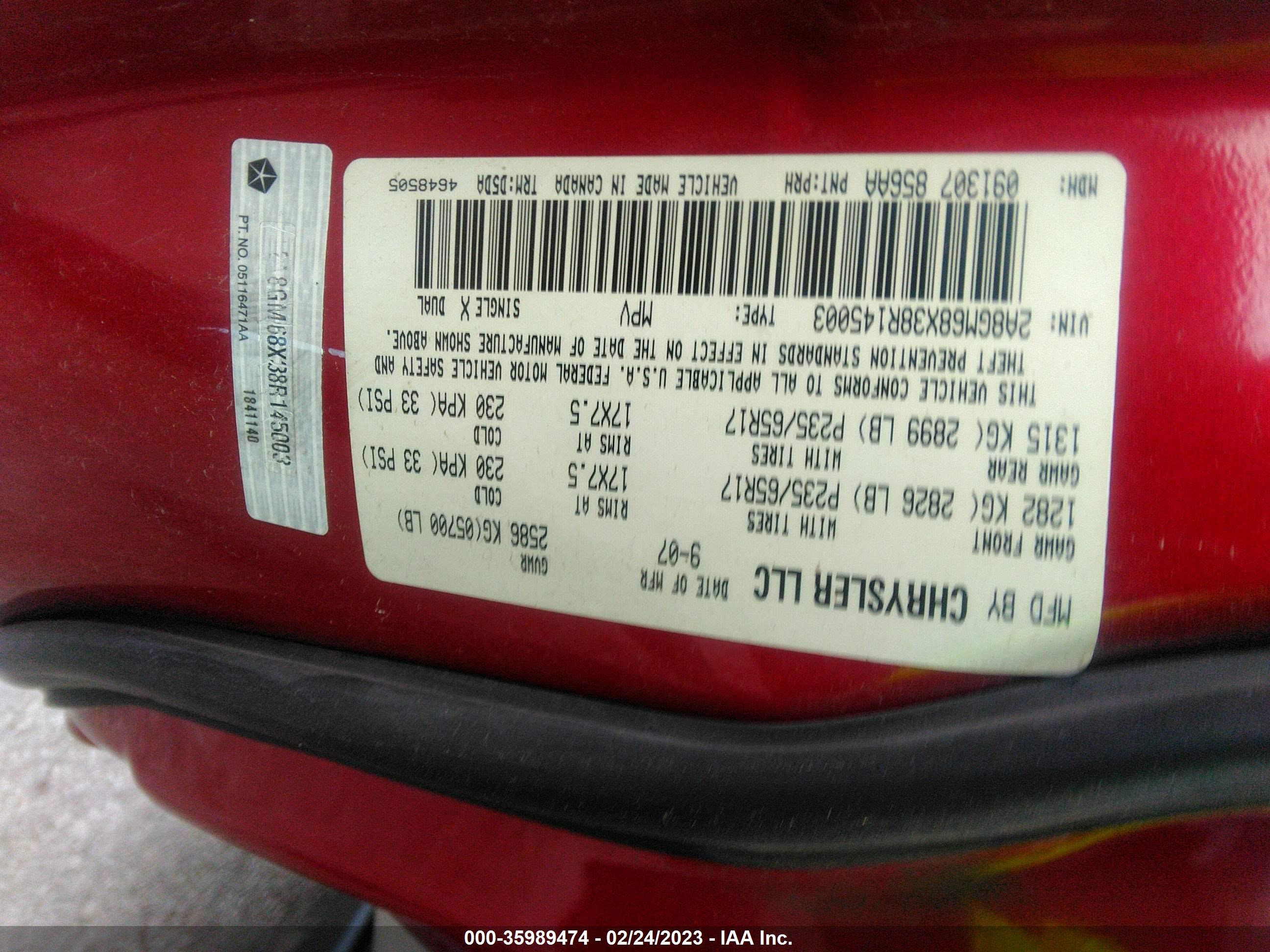 Photo 8 VIN: 2A8GM68X38R145003 - CHRYSLER PACIFICA 