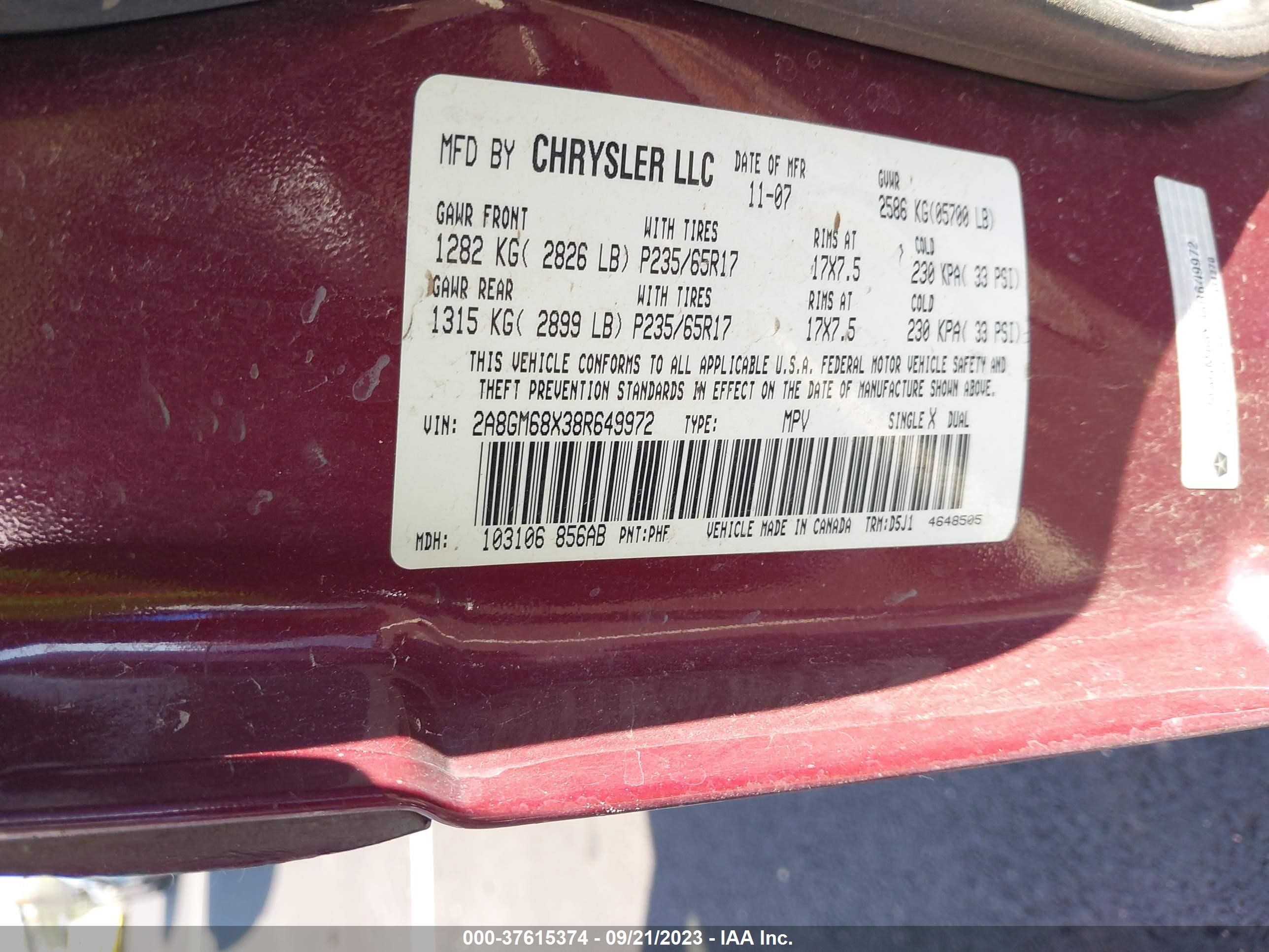 Photo 8 VIN: 2A8GM68X38R649972 - CHRYSLER PACIFICA 