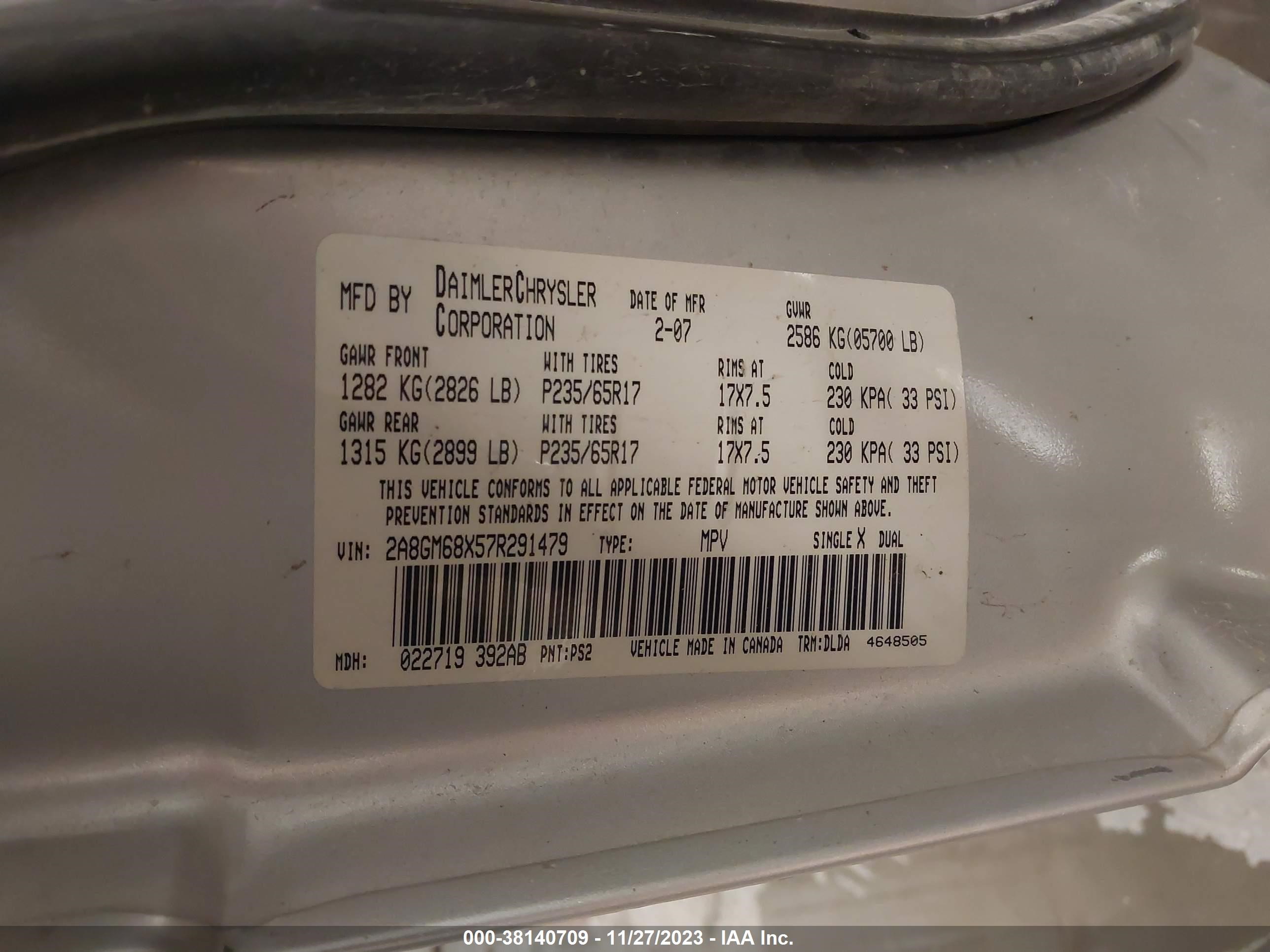 Photo 8 VIN: 2A8GM68X57R291479 - CHRYSLER PACIFICA 