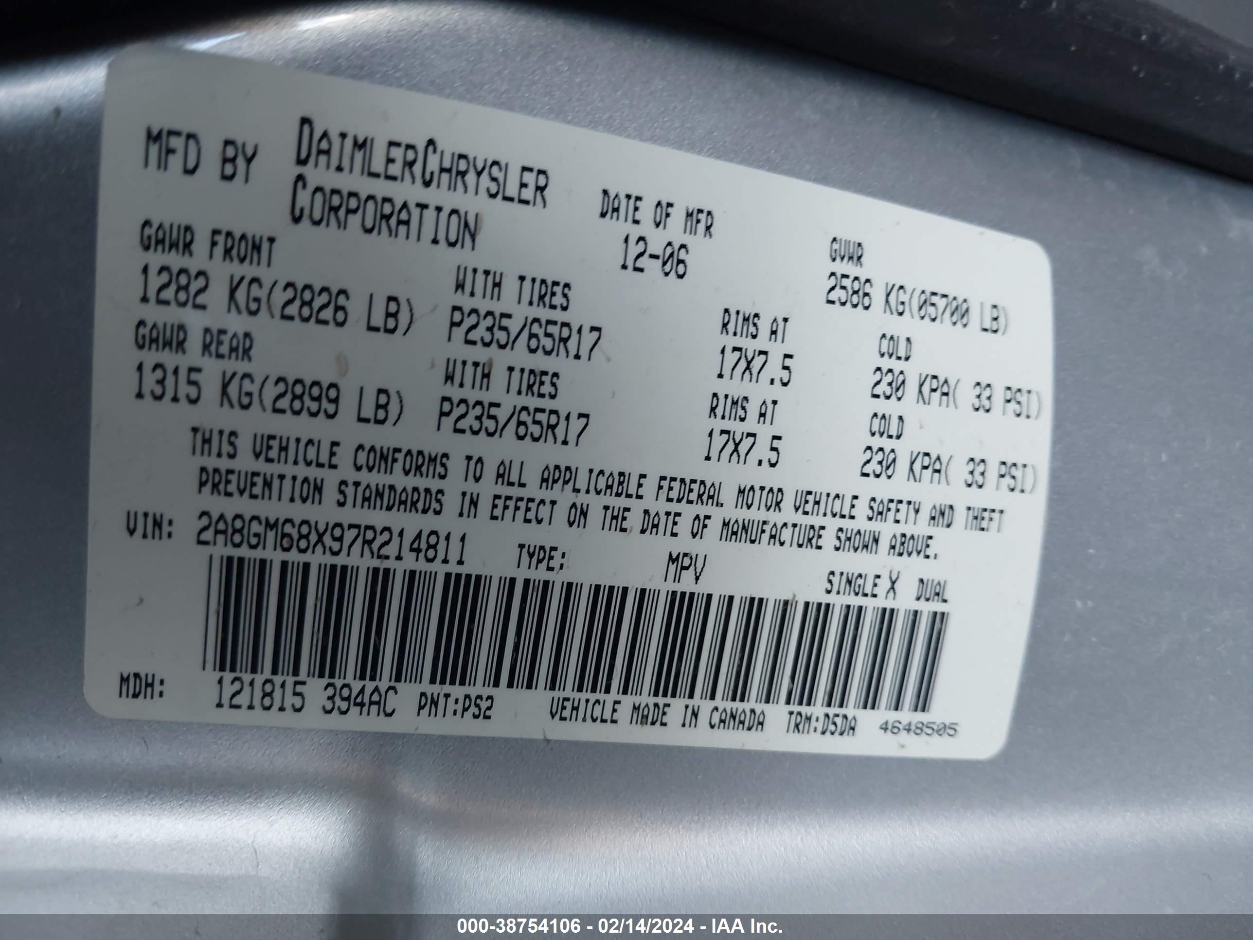 Photo 8 VIN: 2A8GM68X97R214811 - CHRYSLER PACIFICA 