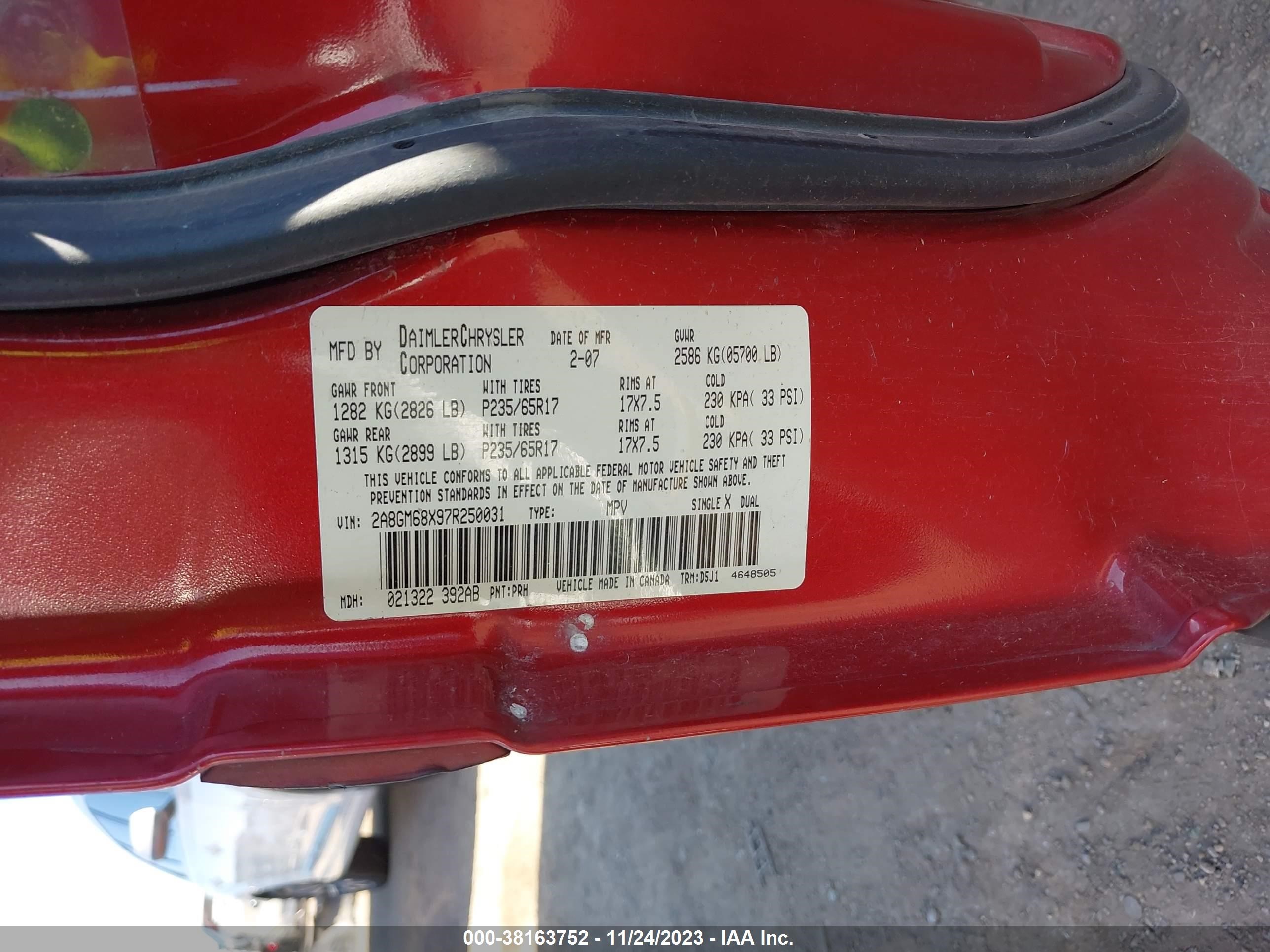 Photo 8 VIN: 2A8GM68X97R250031 - CHRYSLER PACIFICA 