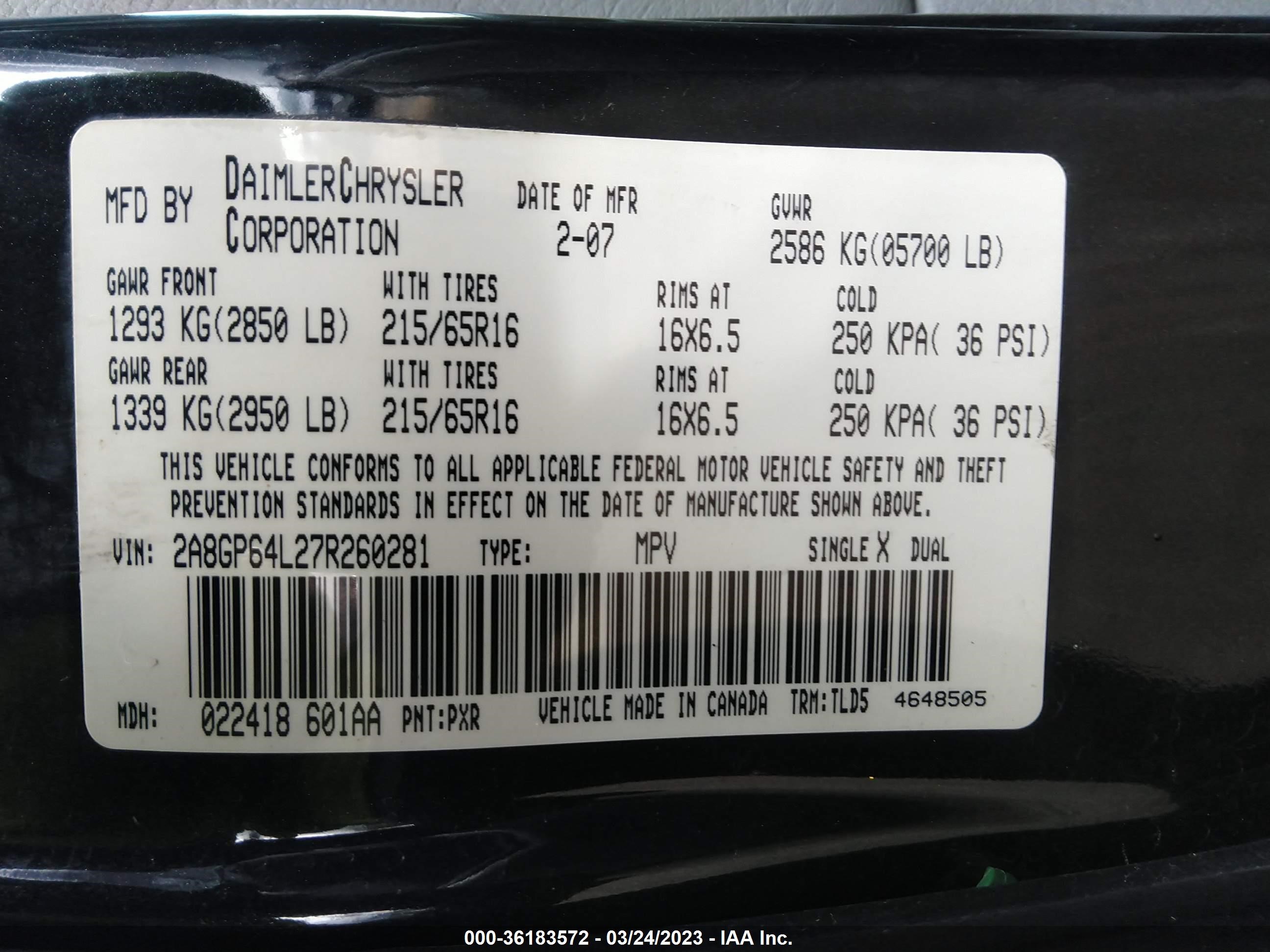 Photo 8 VIN: 2A8GP64L27R260281 - CHRYSLER TOWN & COUNTRY 