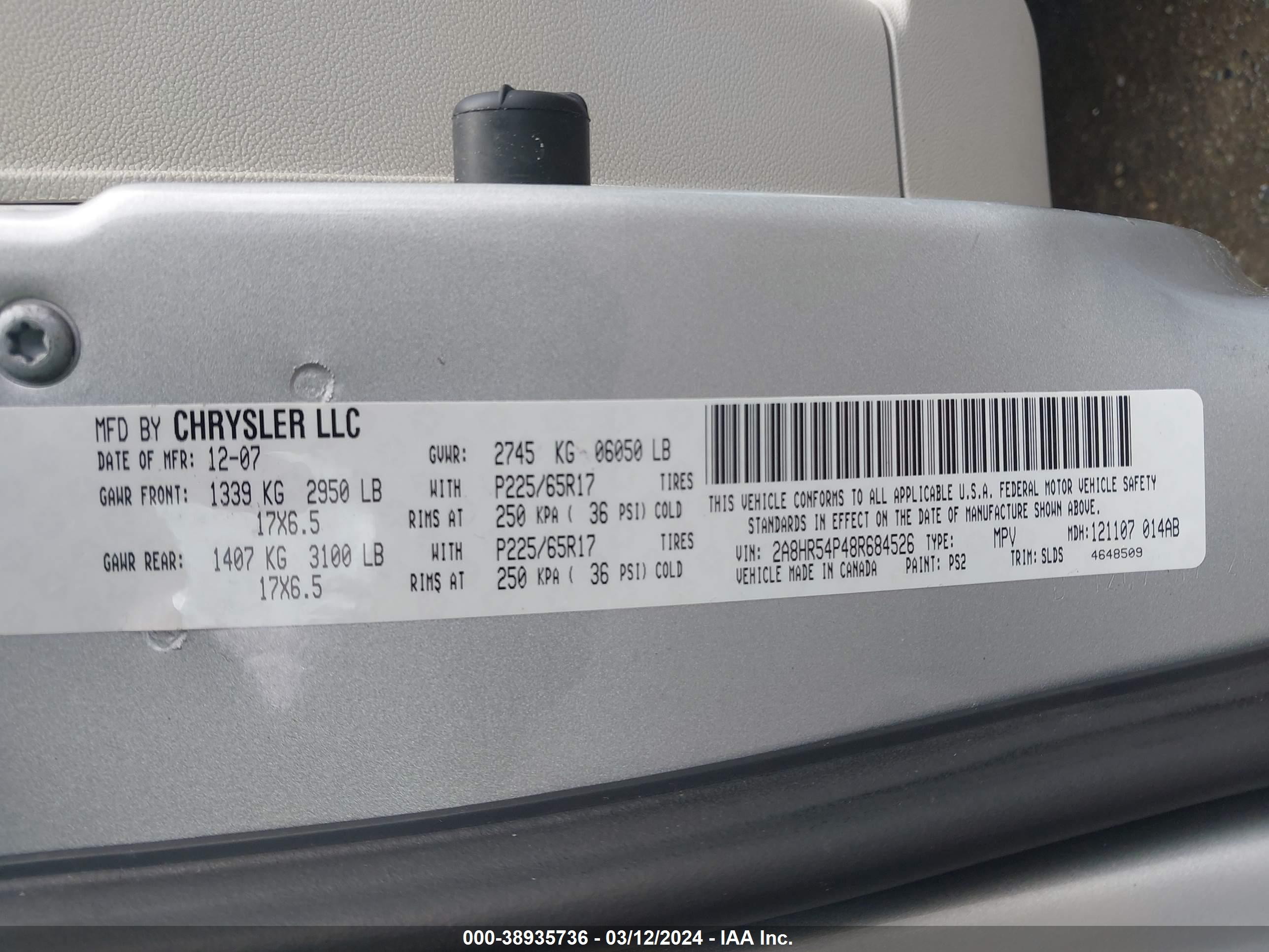 Photo 8 VIN: 2A8HR54P48R684526 - CHRYSLER TOWN & COUNTRY 