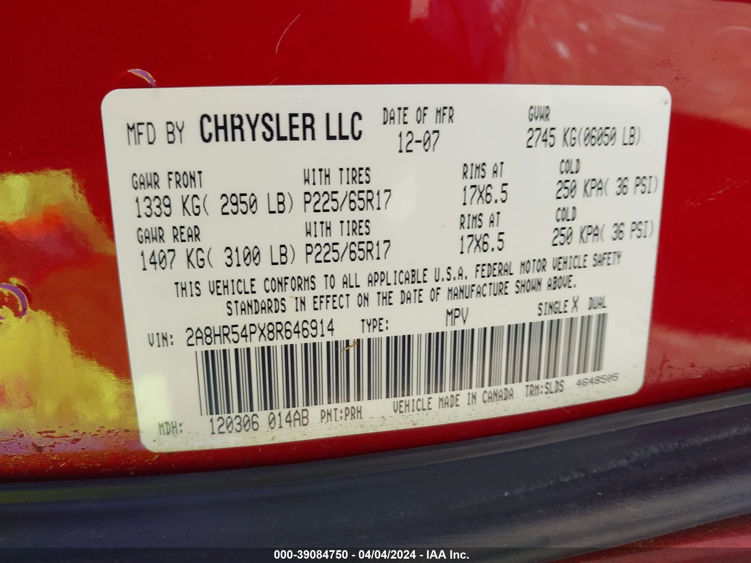 Photo 8 VIN: 2A8HR54PX8R646914 - CHRYSLER TOWN & COUNTRY 