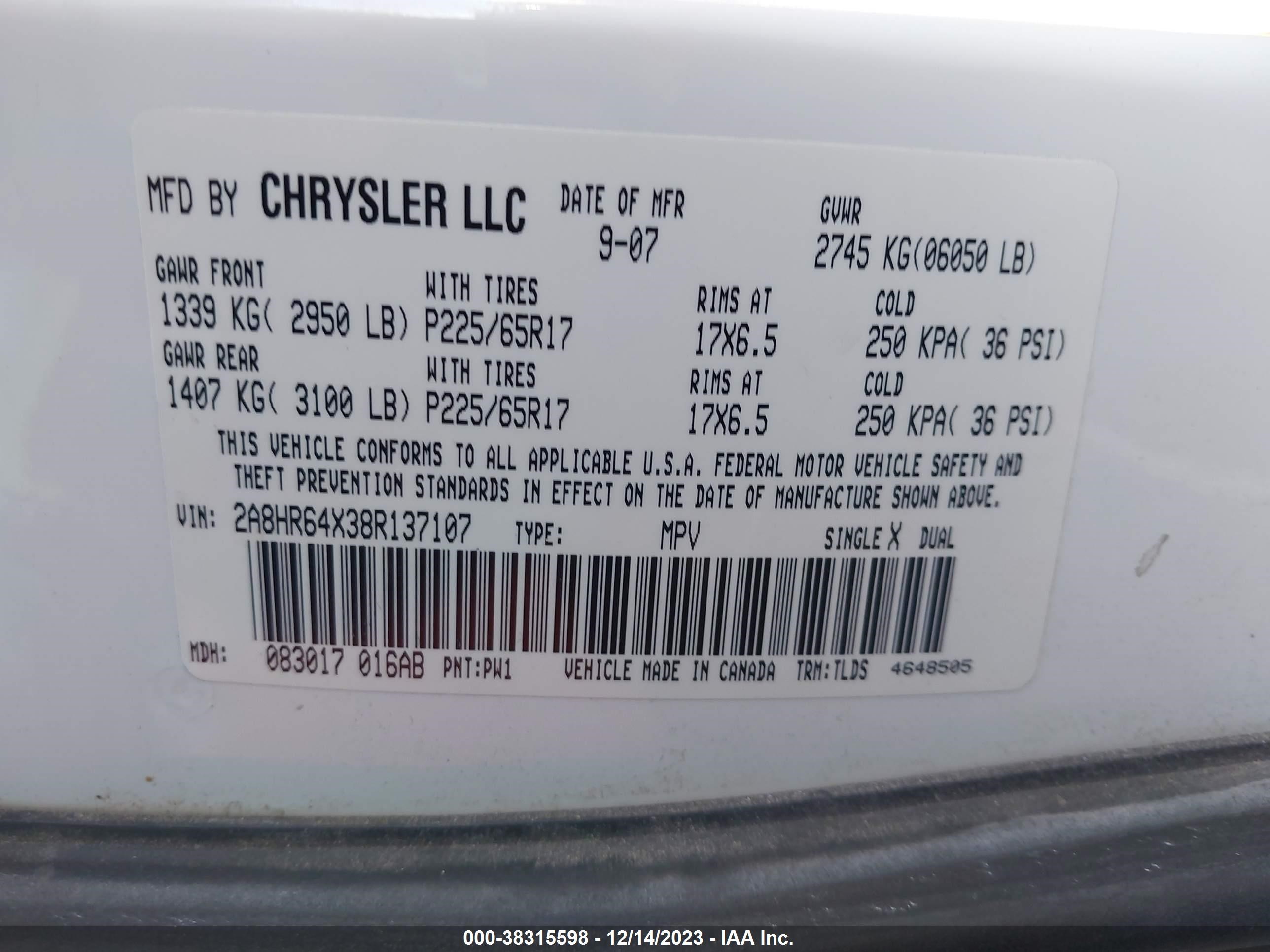 Photo 8 VIN: 2A8HR64X38R137107 - CHRYSLER TOWN & COUNTRY 