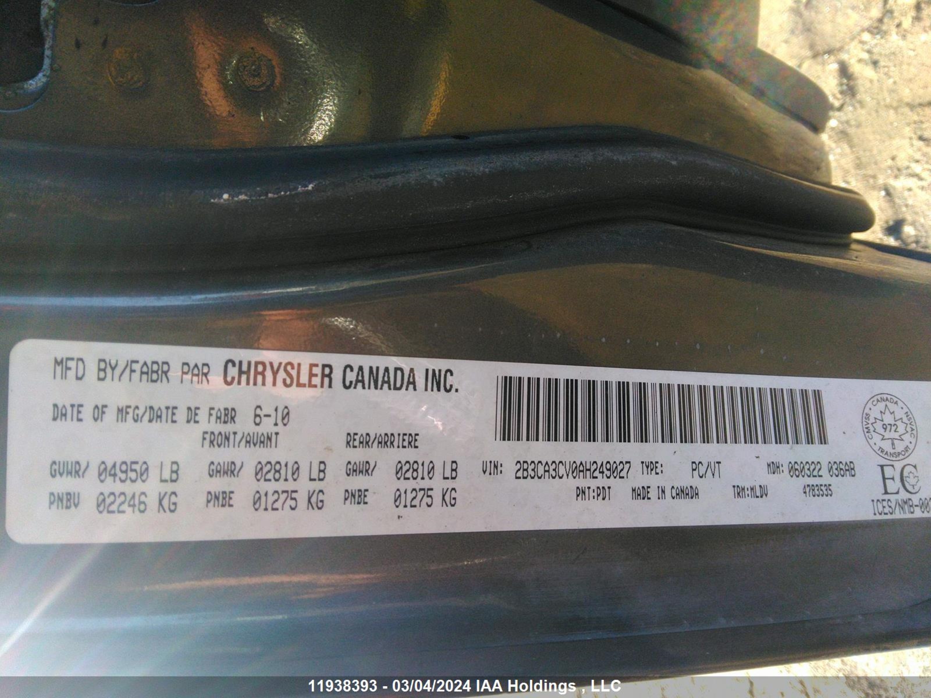 Photo 8 VIN: 2B3CA3CV0AH249027 - DODGE CHARGER 