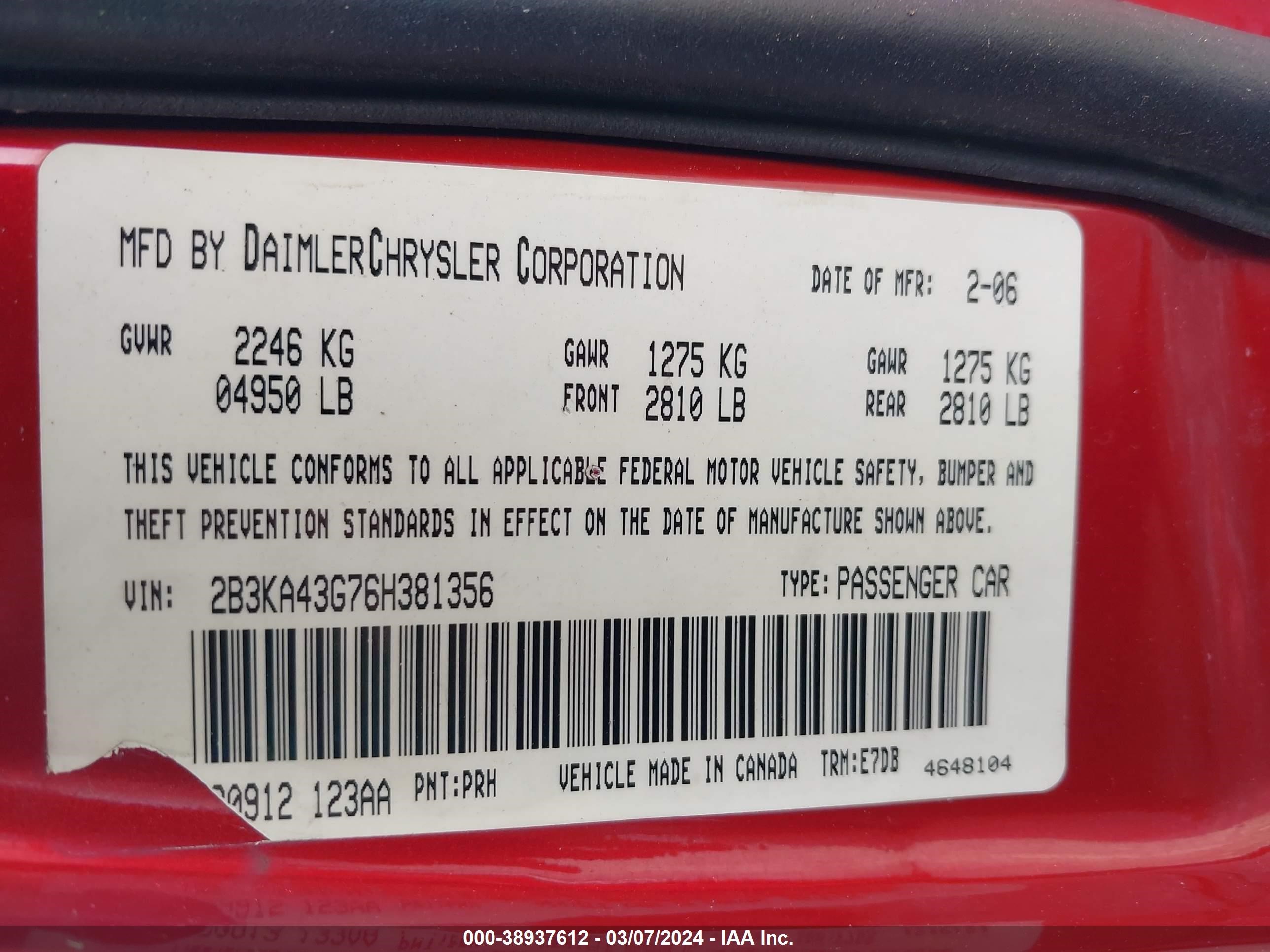 Photo 8 VIN: 2B3KA43G76H381356 - DODGE CHARGER 