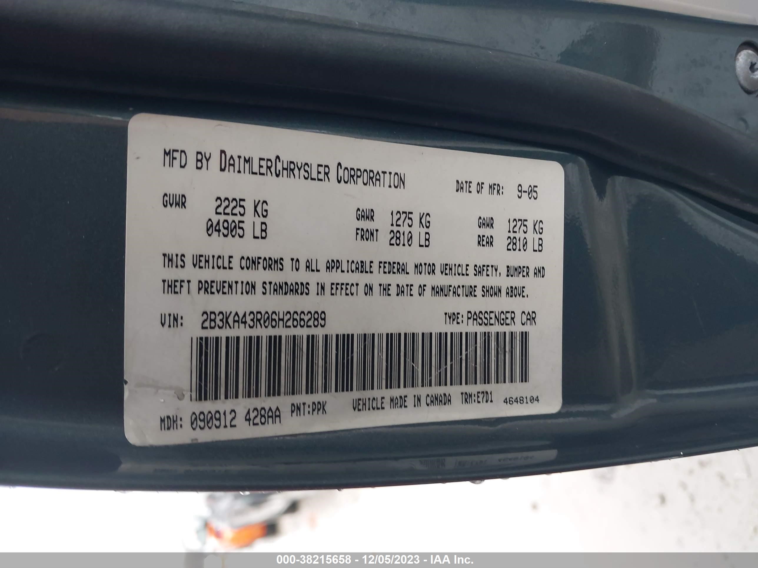 Photo 8 VIN: 2B3KA43R06H266289 - DODGE CHARGER SE 