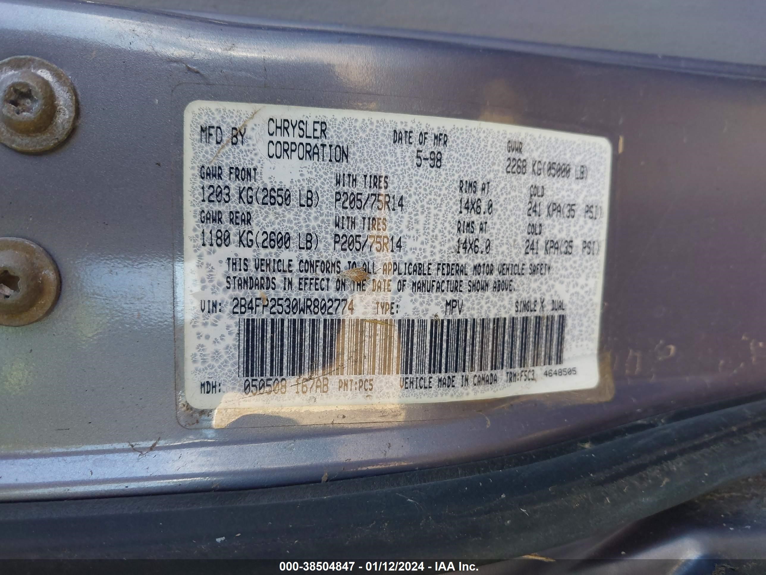 Photo 7 VIN: 2B4FP2530WR802774 - DODGE CARAVAN 