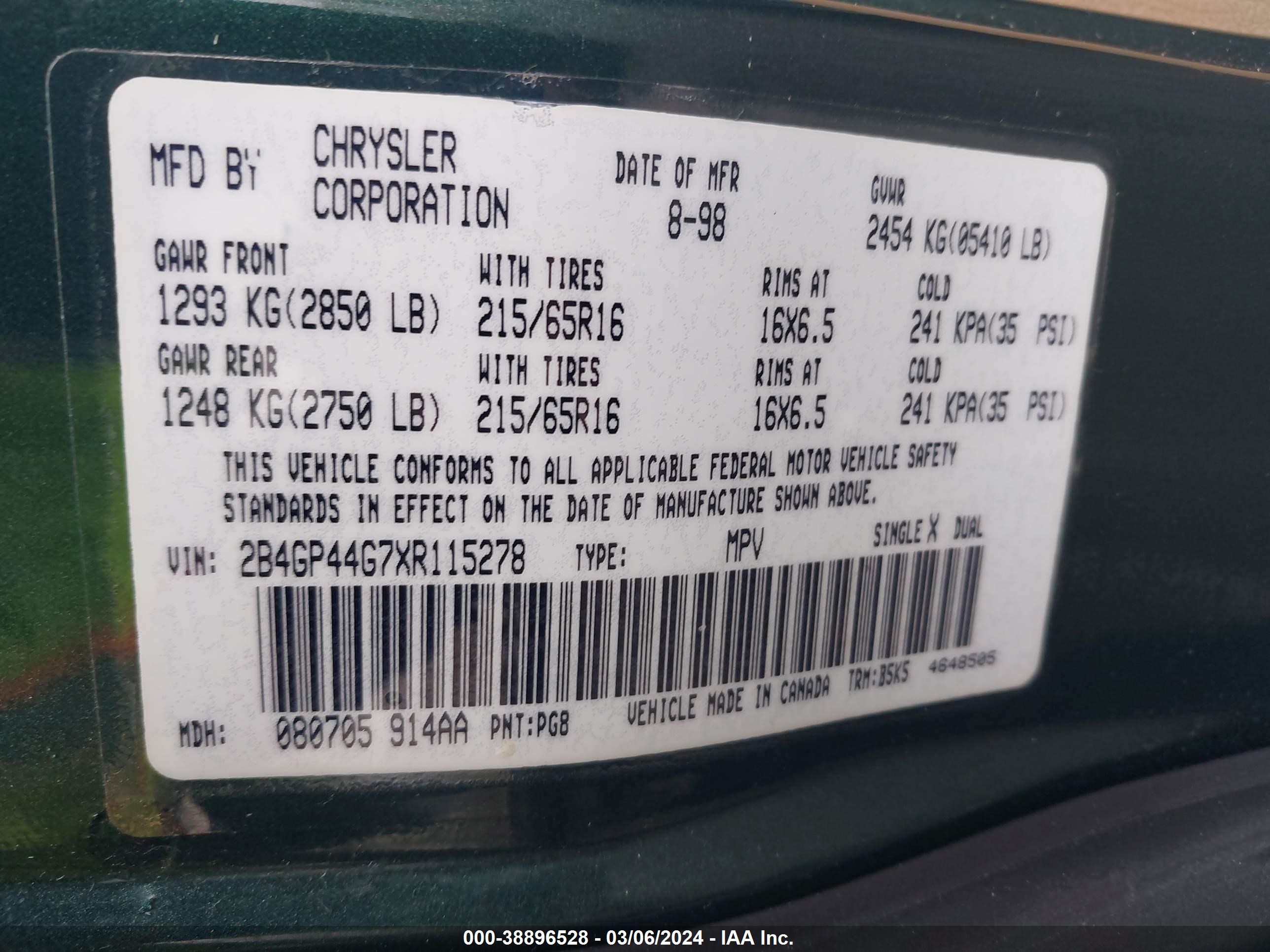 Photo 8 VIN: 2B4GP44G7XR115278 - DODGE CARAVAN 