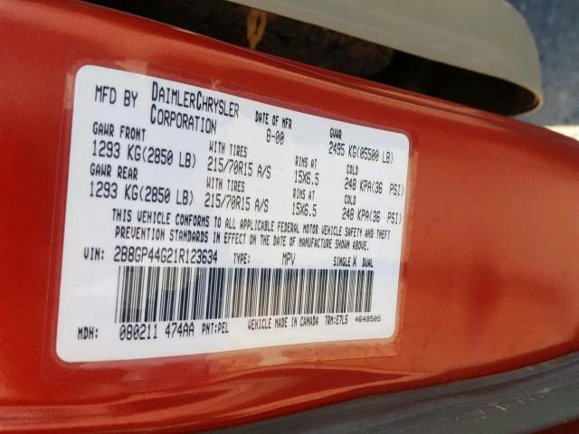 Photo 9 VIN: 2B8GP44G21R123634 - DODGE GRAND CARA 