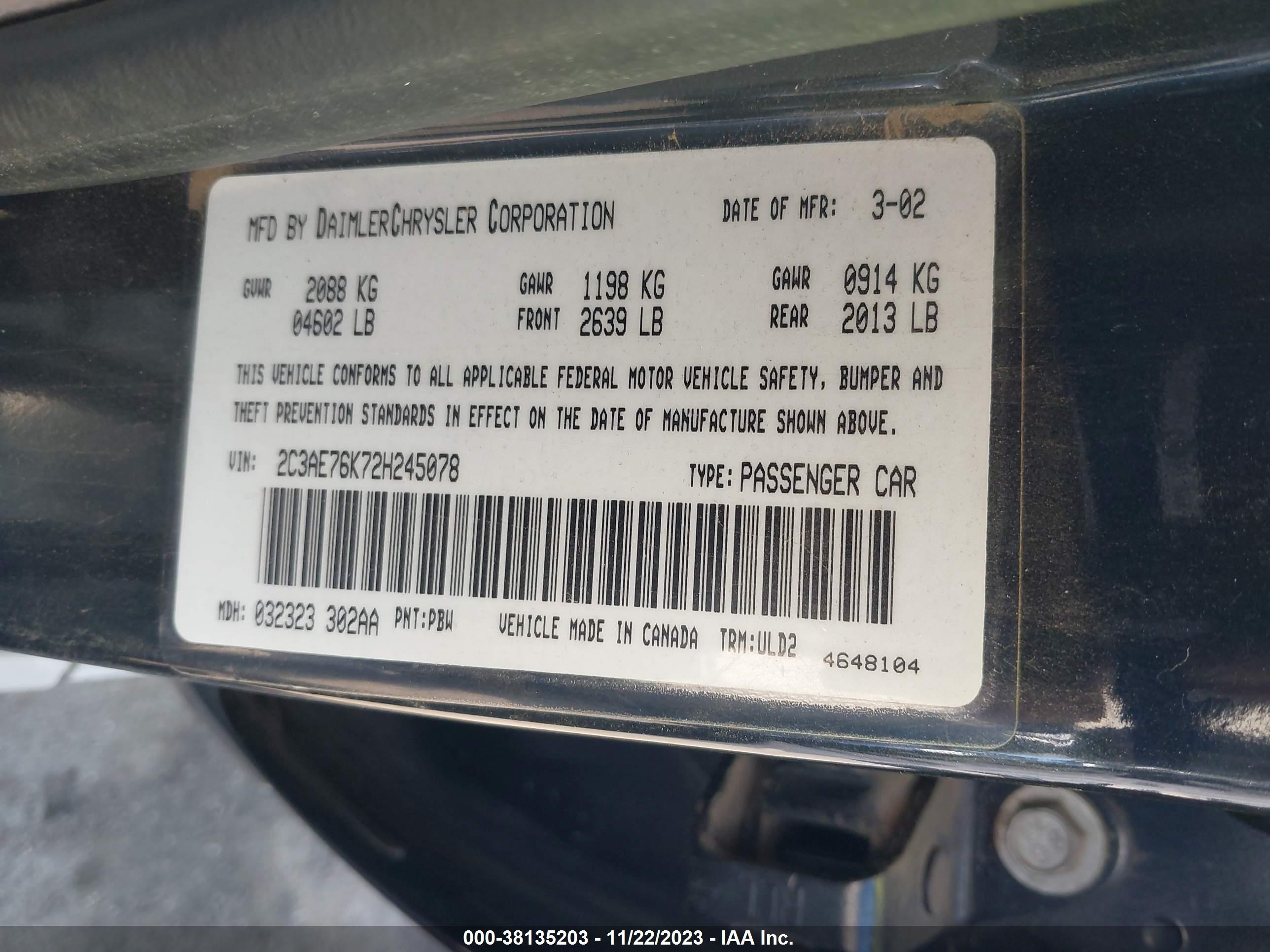 Photo 8 VIN: 2C3AE76K72H245078 - CHRYSLER 300M 