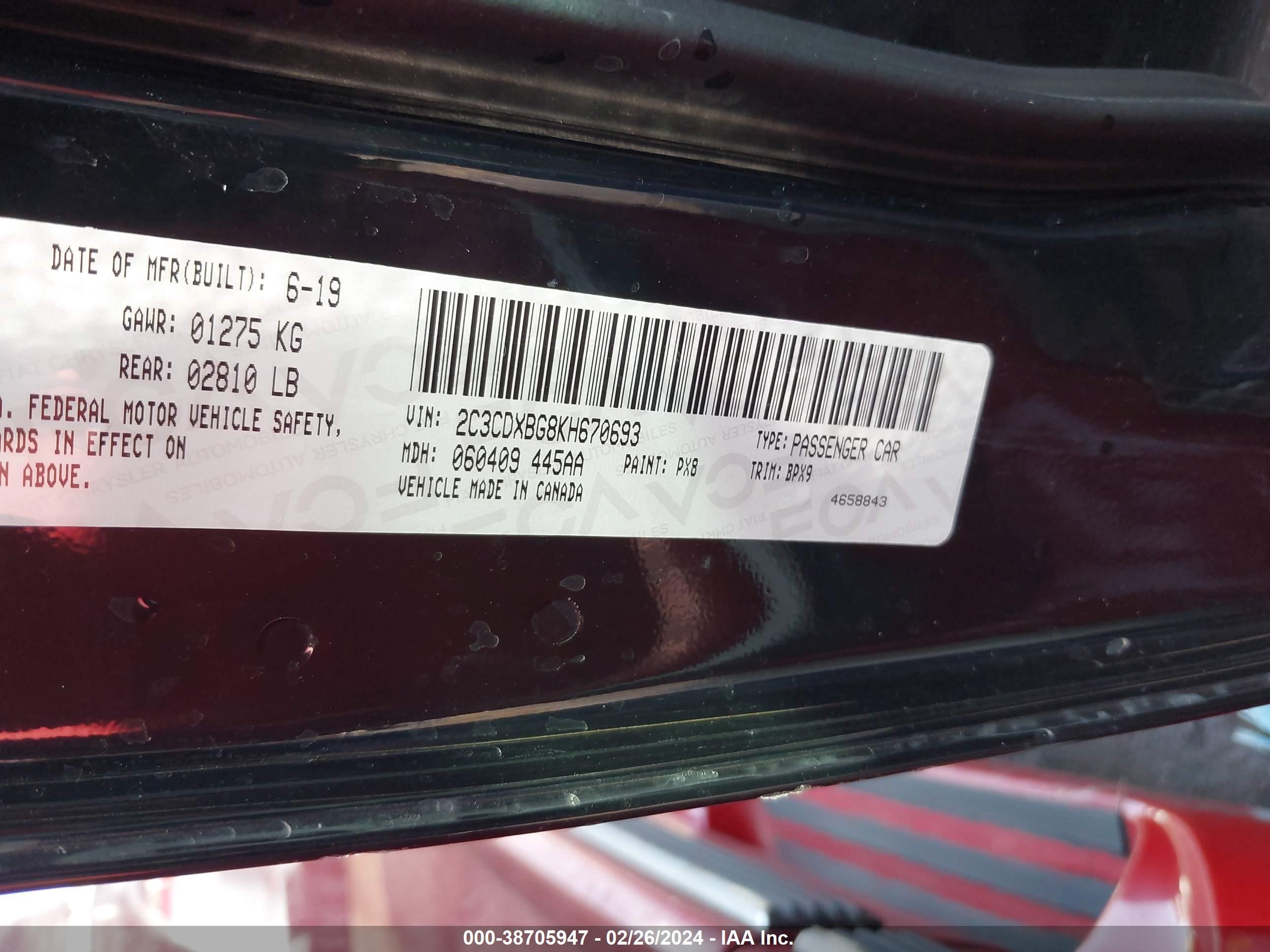 Photo 8 VIN: 2C3CDXBG8KH670693 - DODGE CHARGER 