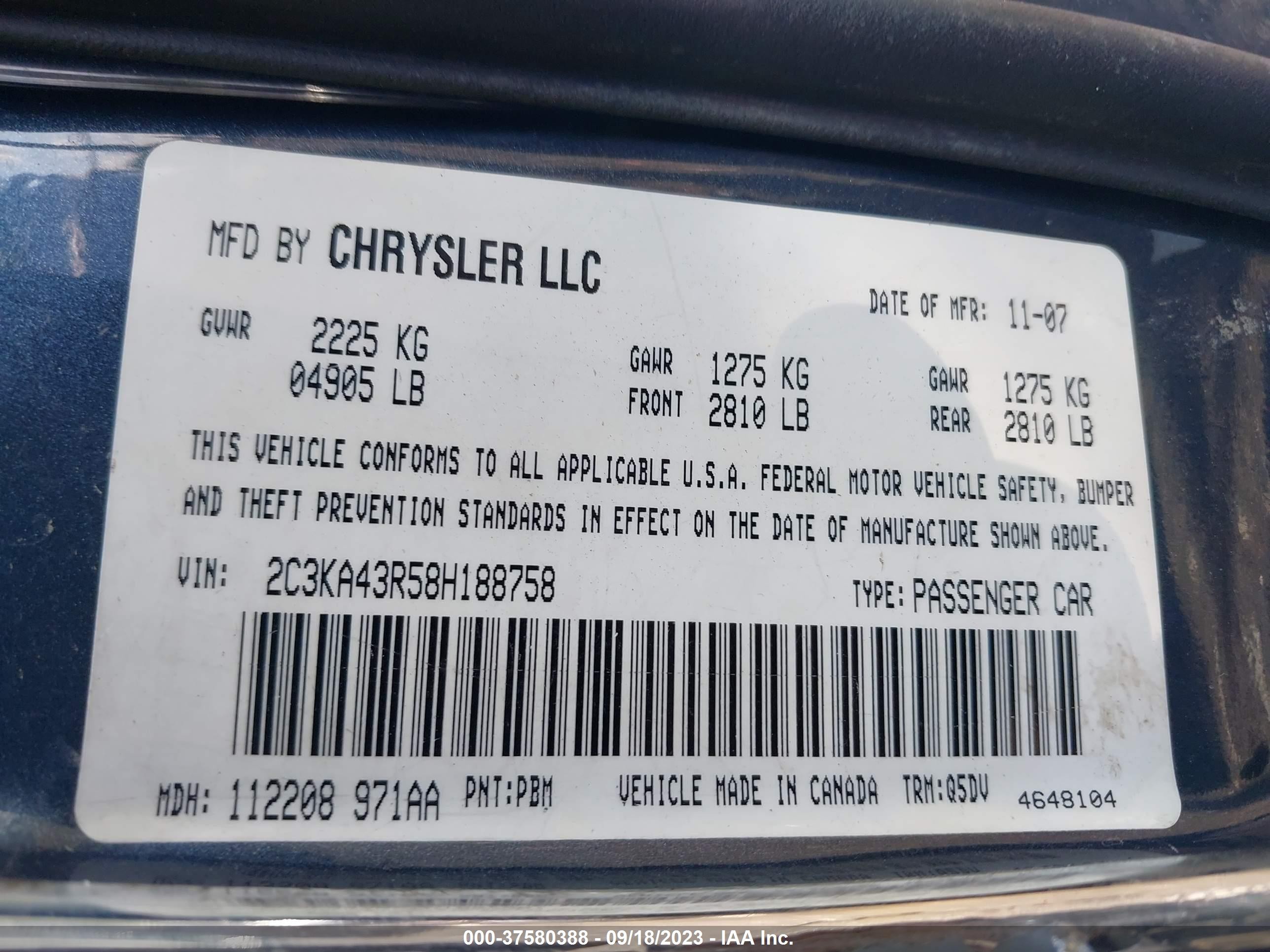 Photo 8 VIN: 2C3KA43R58H188758 - CHRYSLER 300 