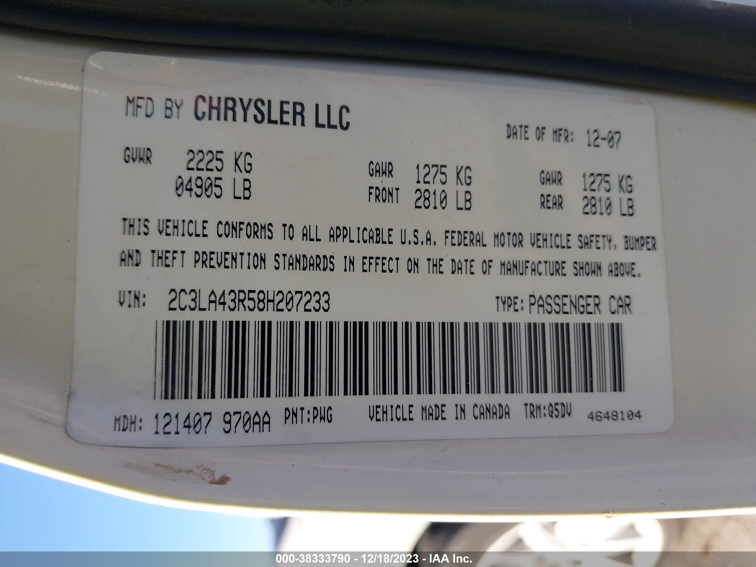 Photo 8 VIN: 2C3LA43R58H207233 - CHRYSLER 300 