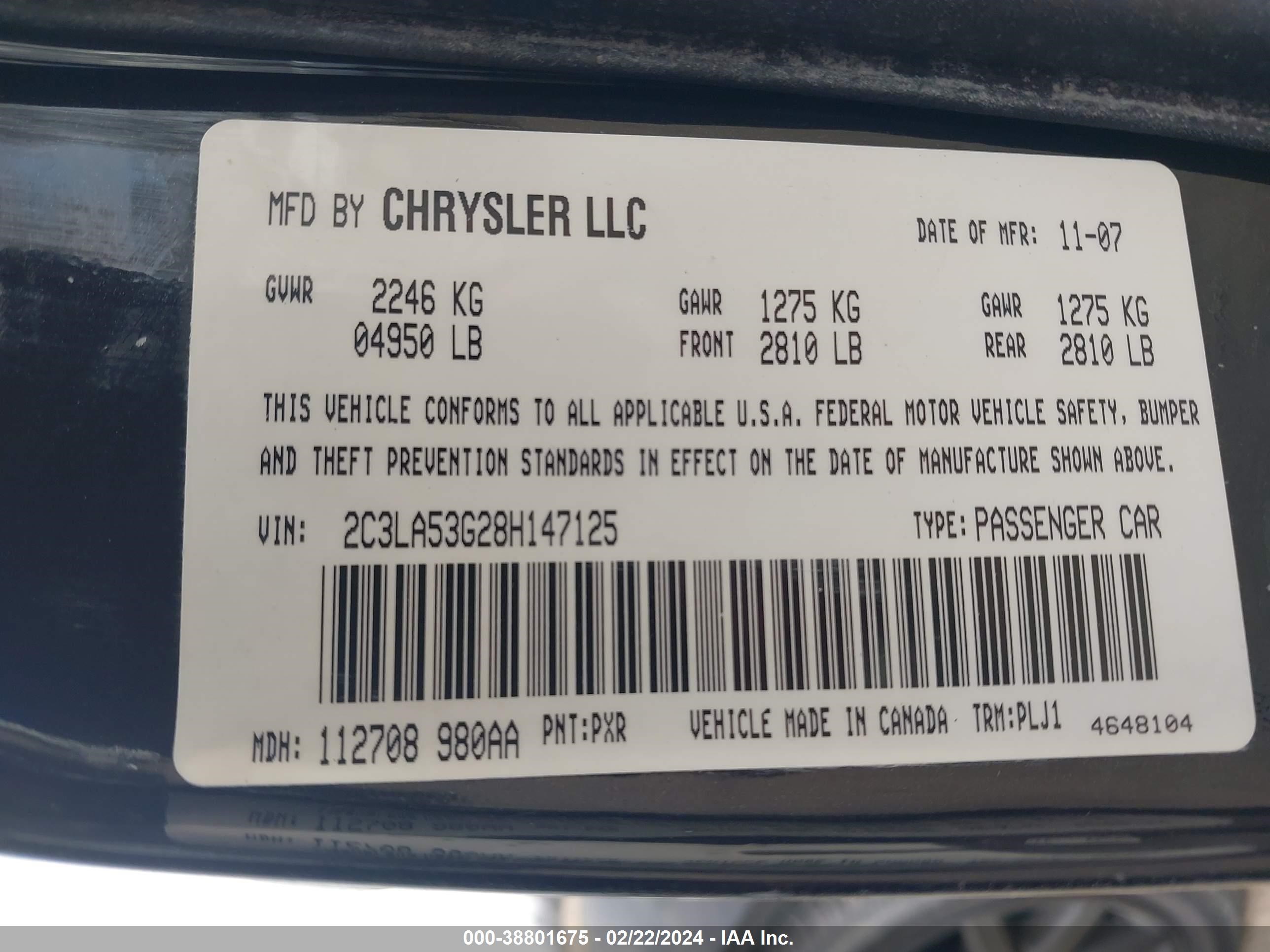 Photo 8 VIN: 2C3LA53G28H147125 - CHRYSLER 300 