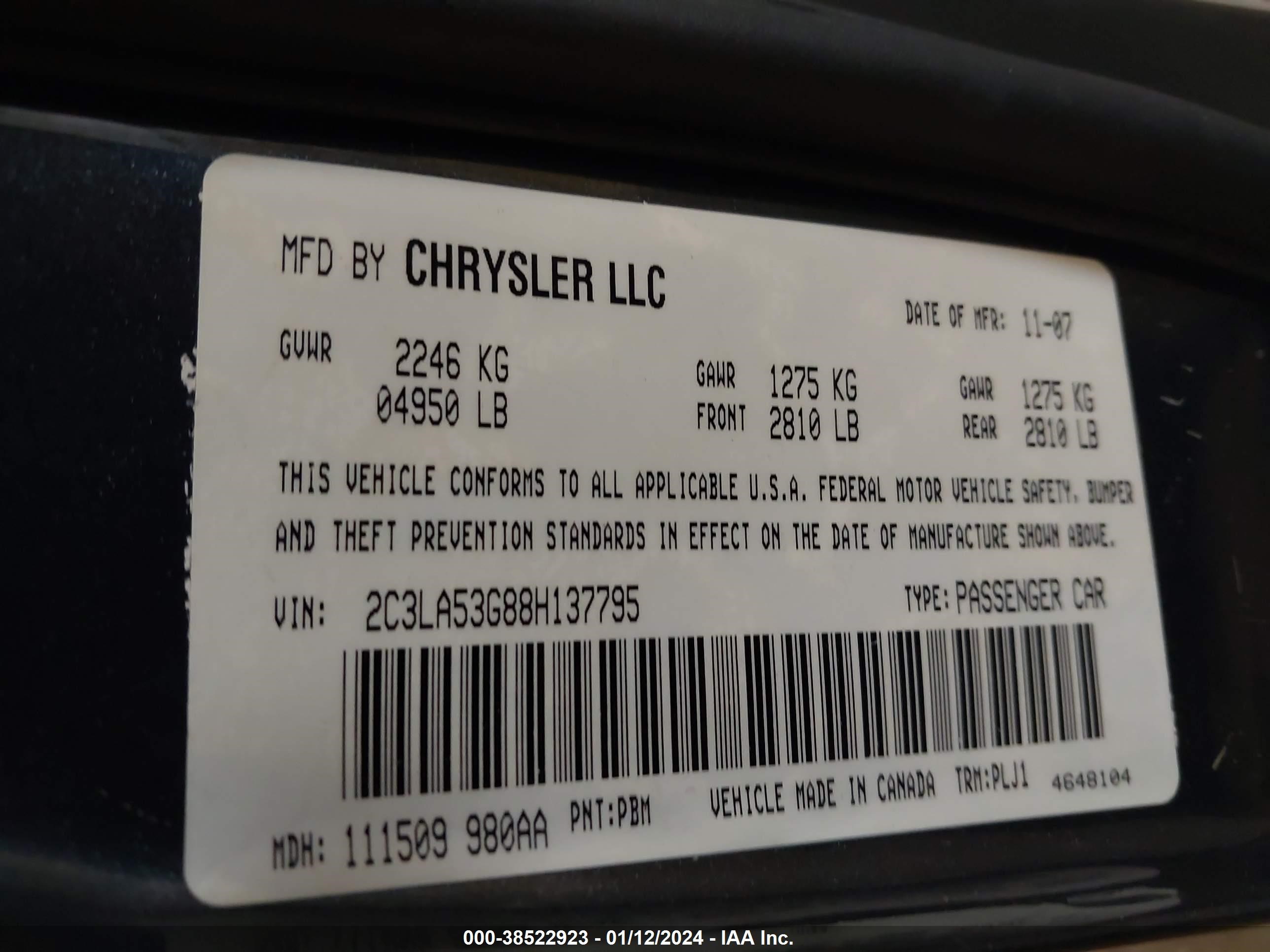 Photo 8 VIN: 2C3LA53G88H137795 - CHRYSLER 300 