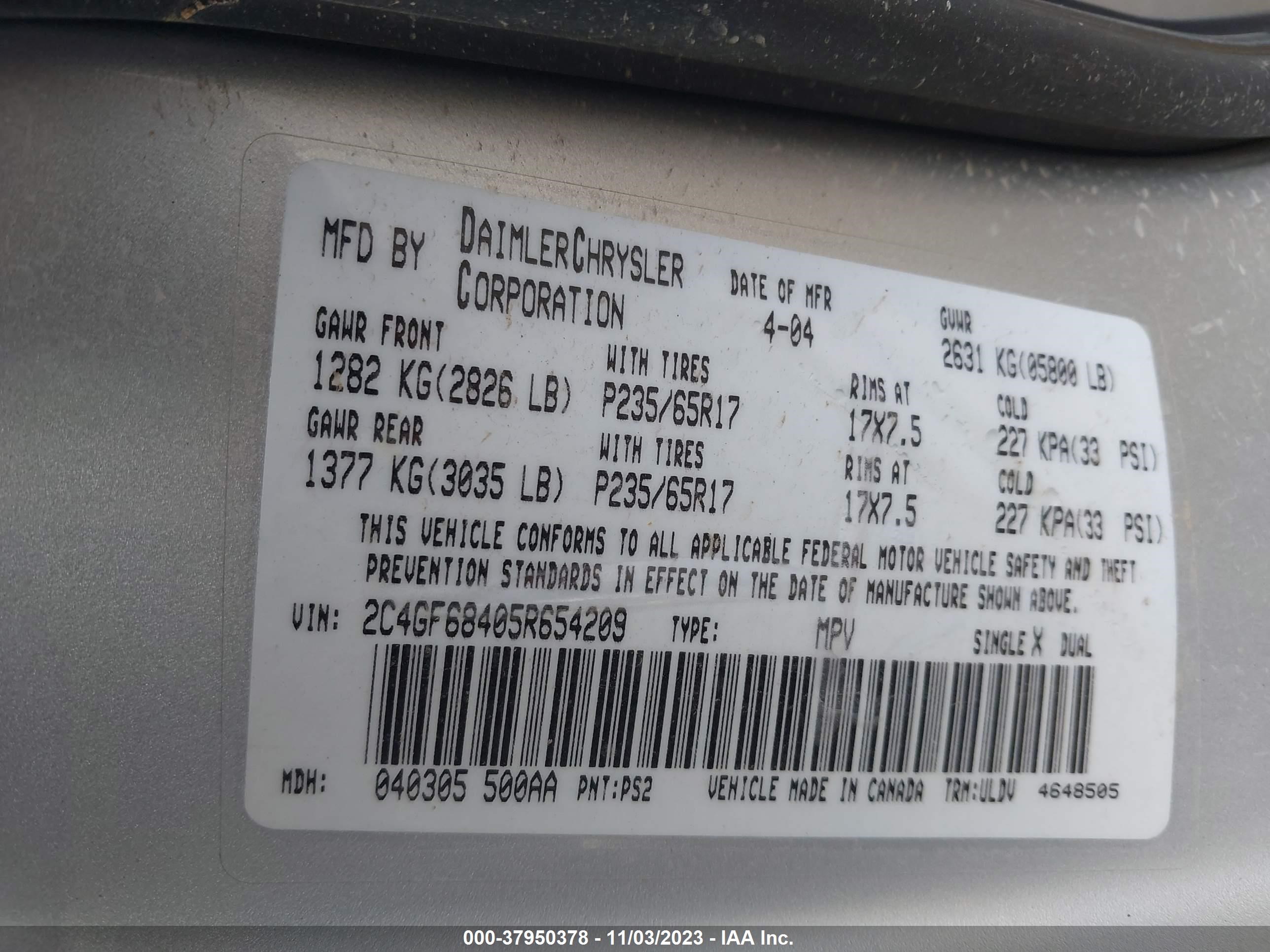 Photo 8 VIN: 2C4GF68405R654209 - CHRYSLER PACIFICA 