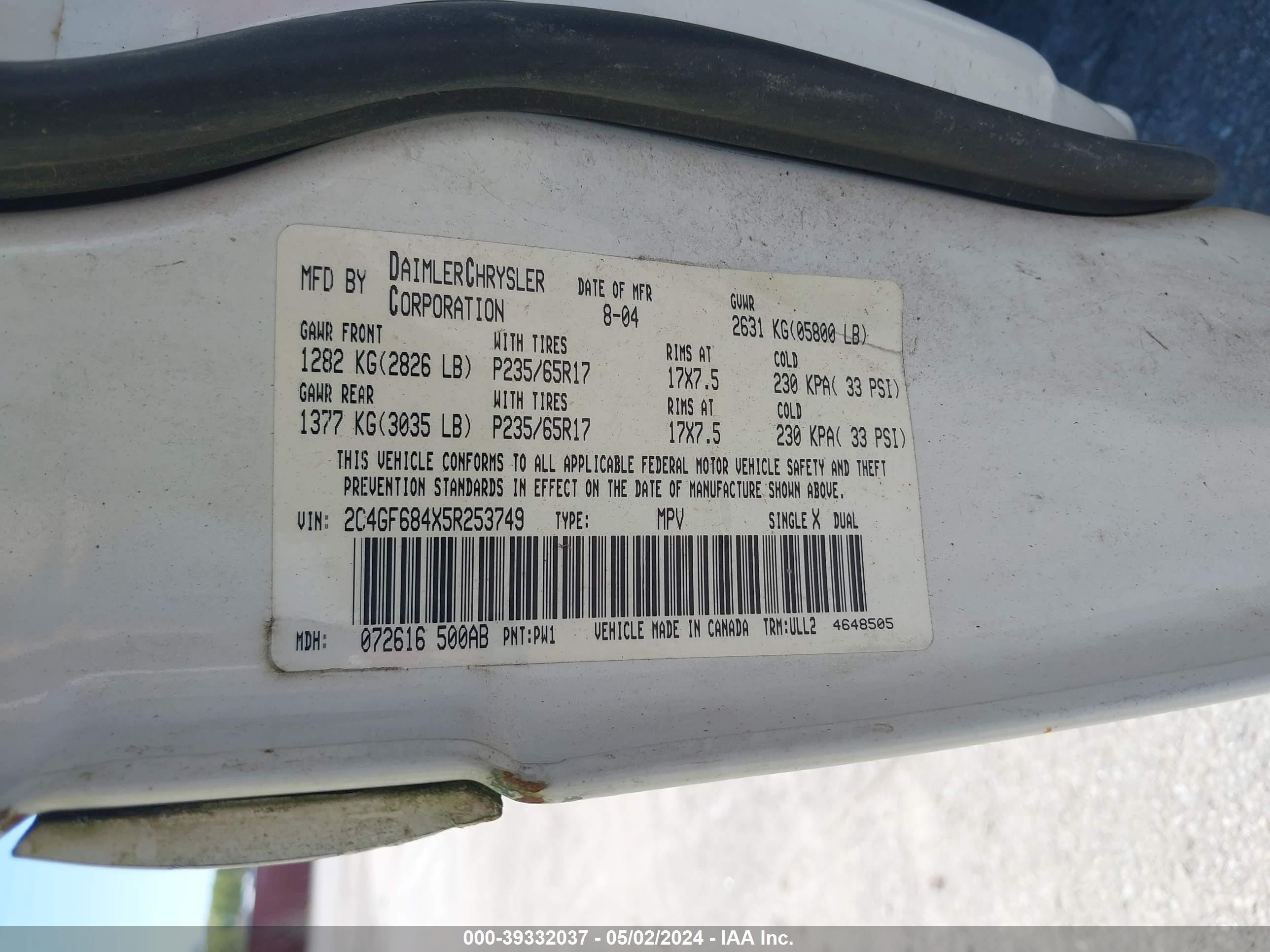 Photo 8 VIN: 2C4GF684X5R253749 - CHRYSLER PACIFICA 