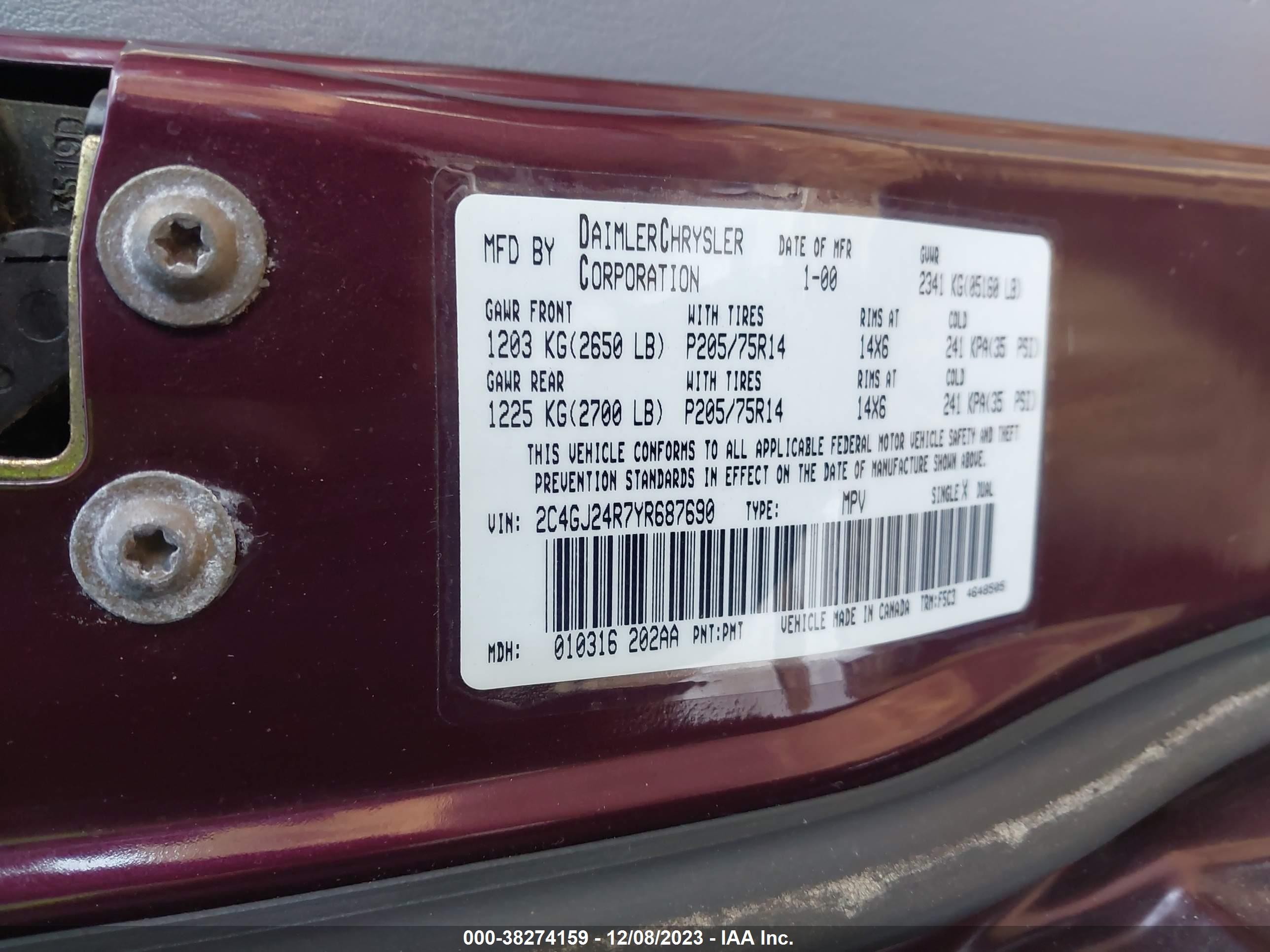 Photo 8 VIN: 2C4GJ24R7YR687690 - CHRYSLER VOYAGER 