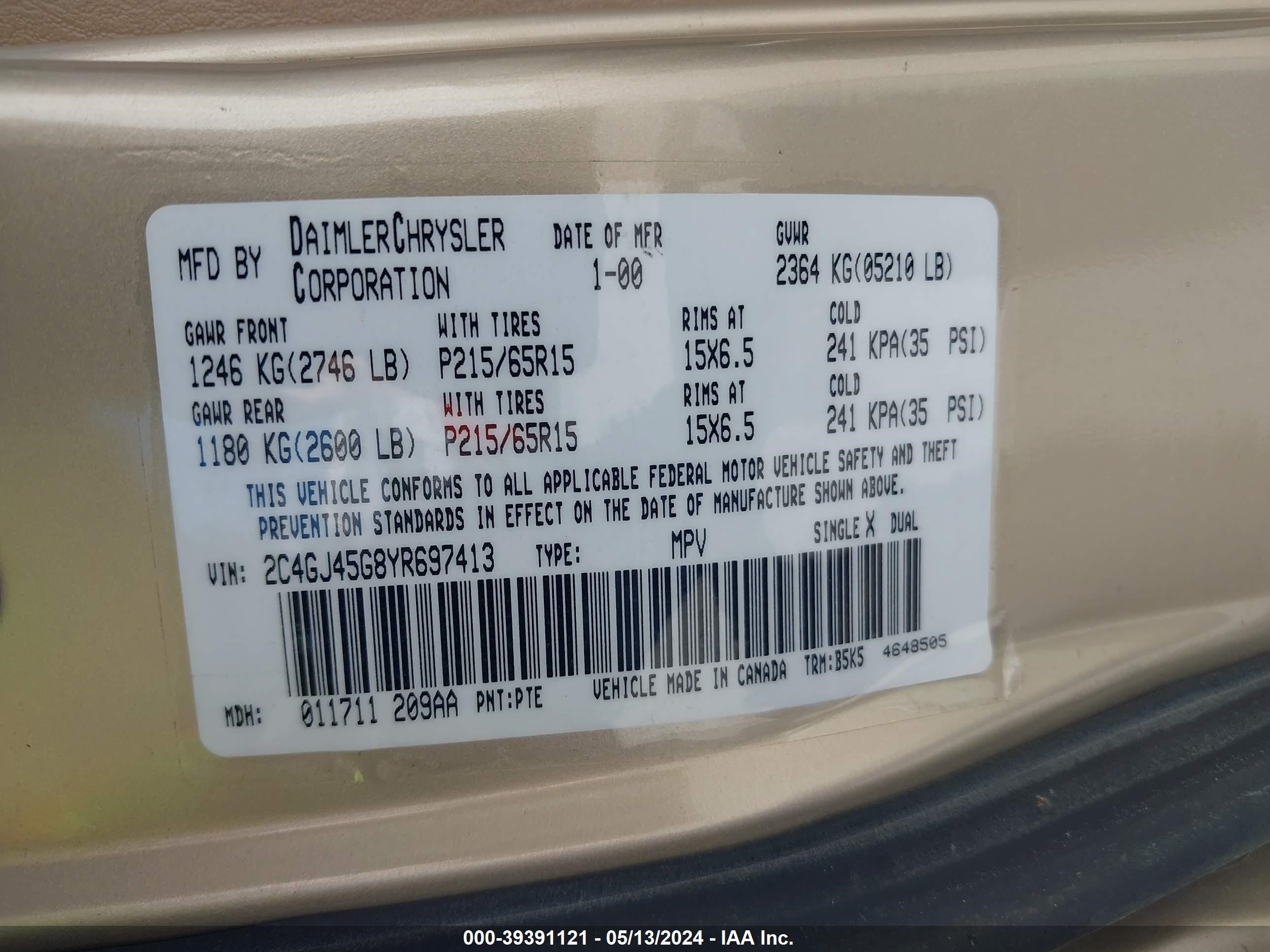 Photo 8 VIN: 2C4GJ45G8YR697413 - CHRYSLER VOYAGER 