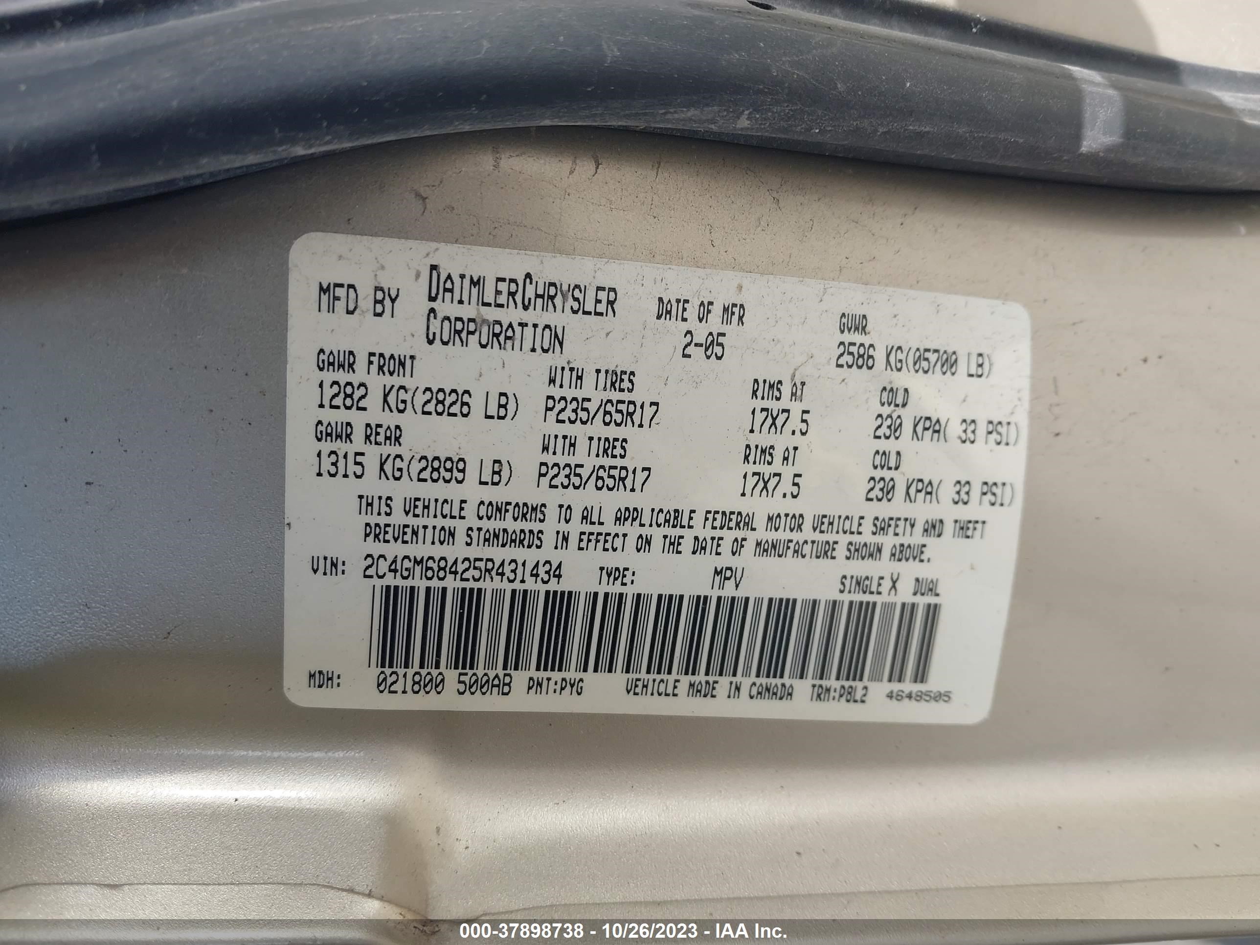 Photo 8 VIN: 2C4GM68425R431434 - CHRYSLER PACIFICA 