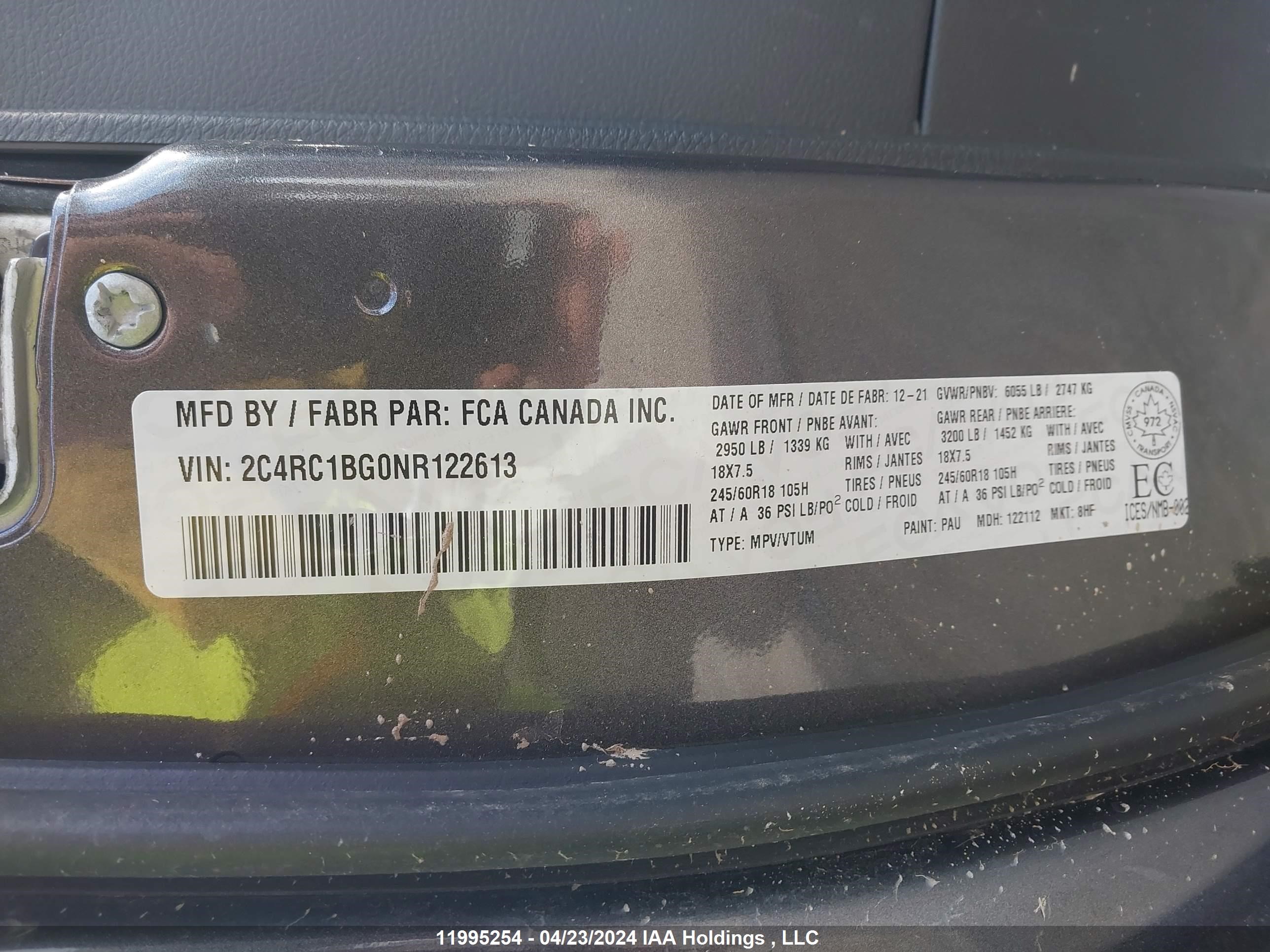 Photo 8 VIN: 2C4RC1BG0NR122613 - CHRYSLER PACIFICA 