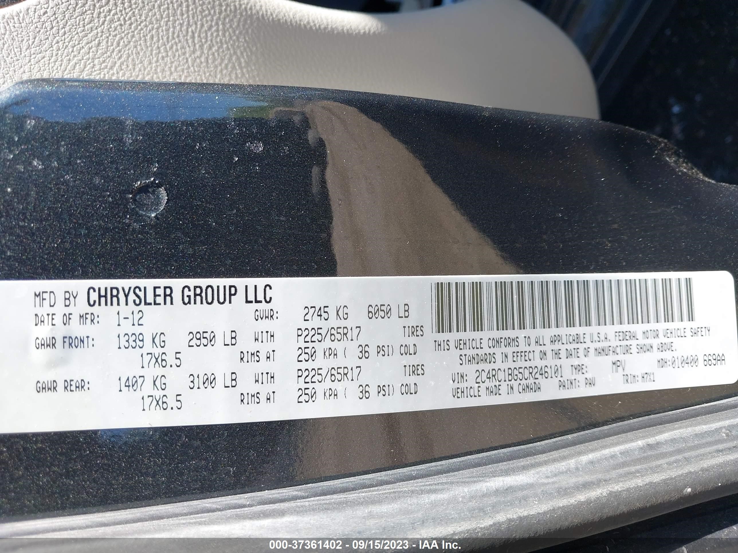 Photo 8 VIN: 2C4RC1BG5CR246101 - CHRYSLER TOWN & COUNTRY 