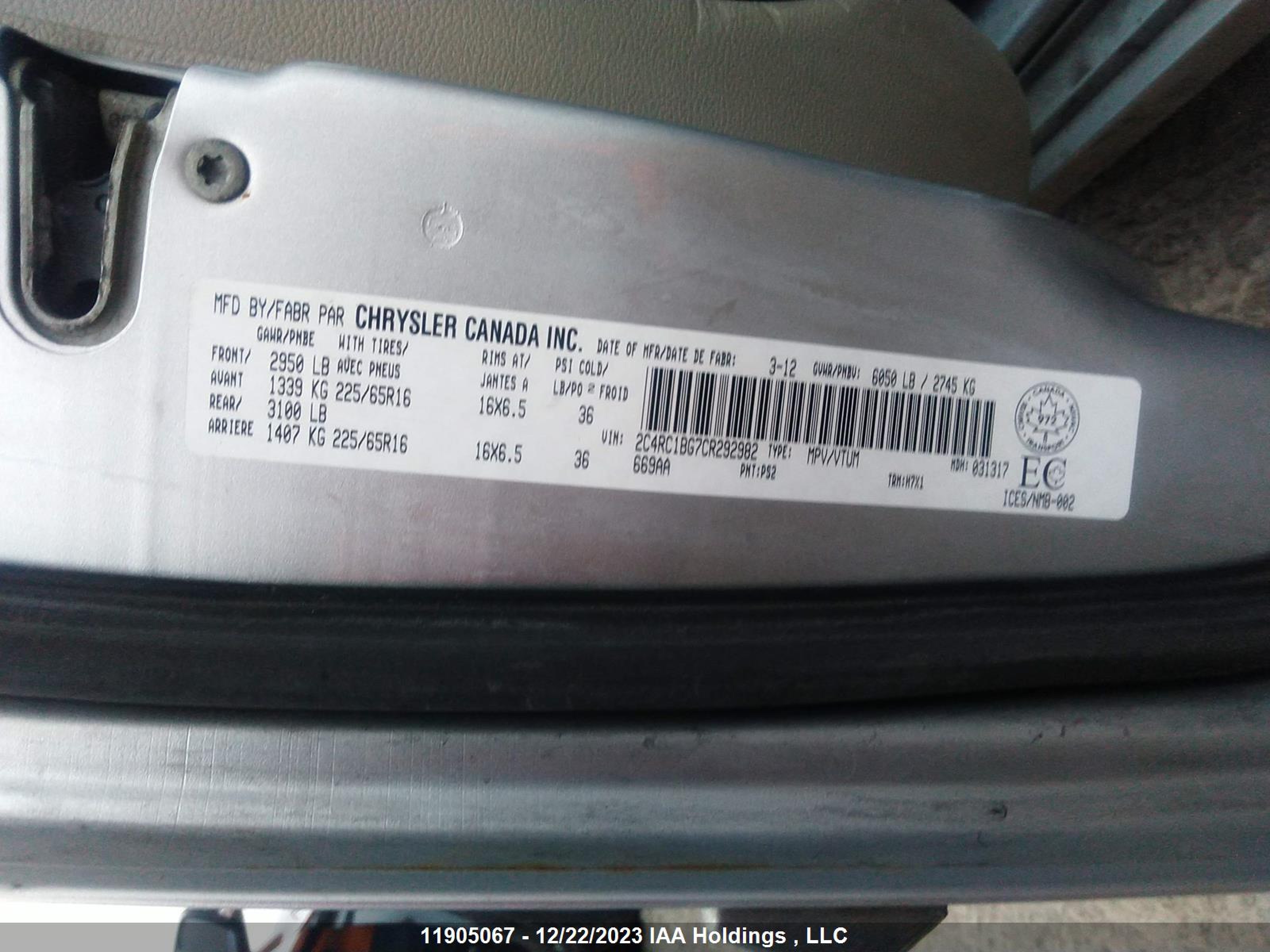 Photo 8 VIN: 2C4RC1BG7CR292982 - CHRYSLER TOWN & COUNTRY 