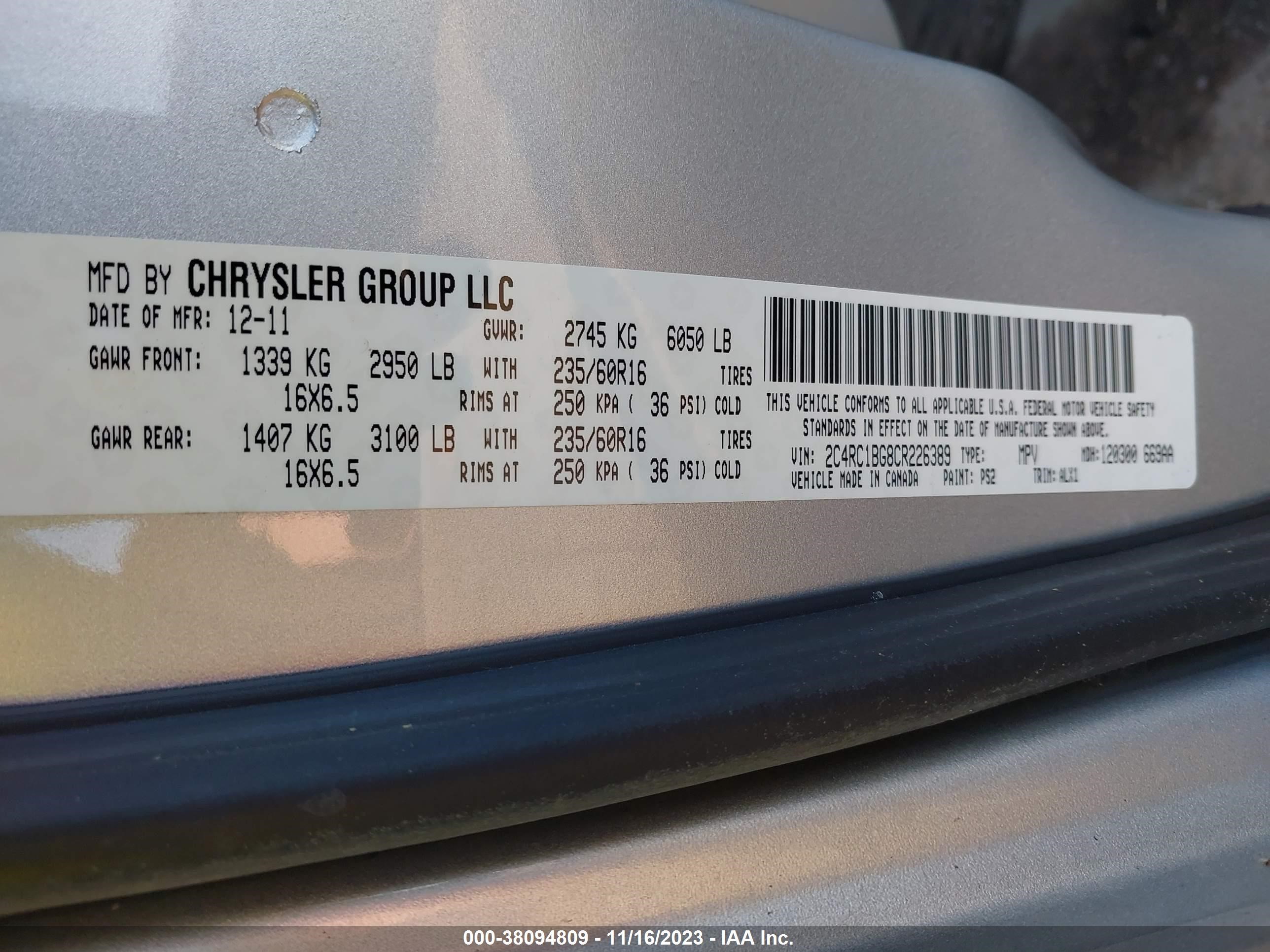 Photo 8 VIN: 2C4RC1BG8CR226389 - CHRYSLER TOWN & COUNTRY 