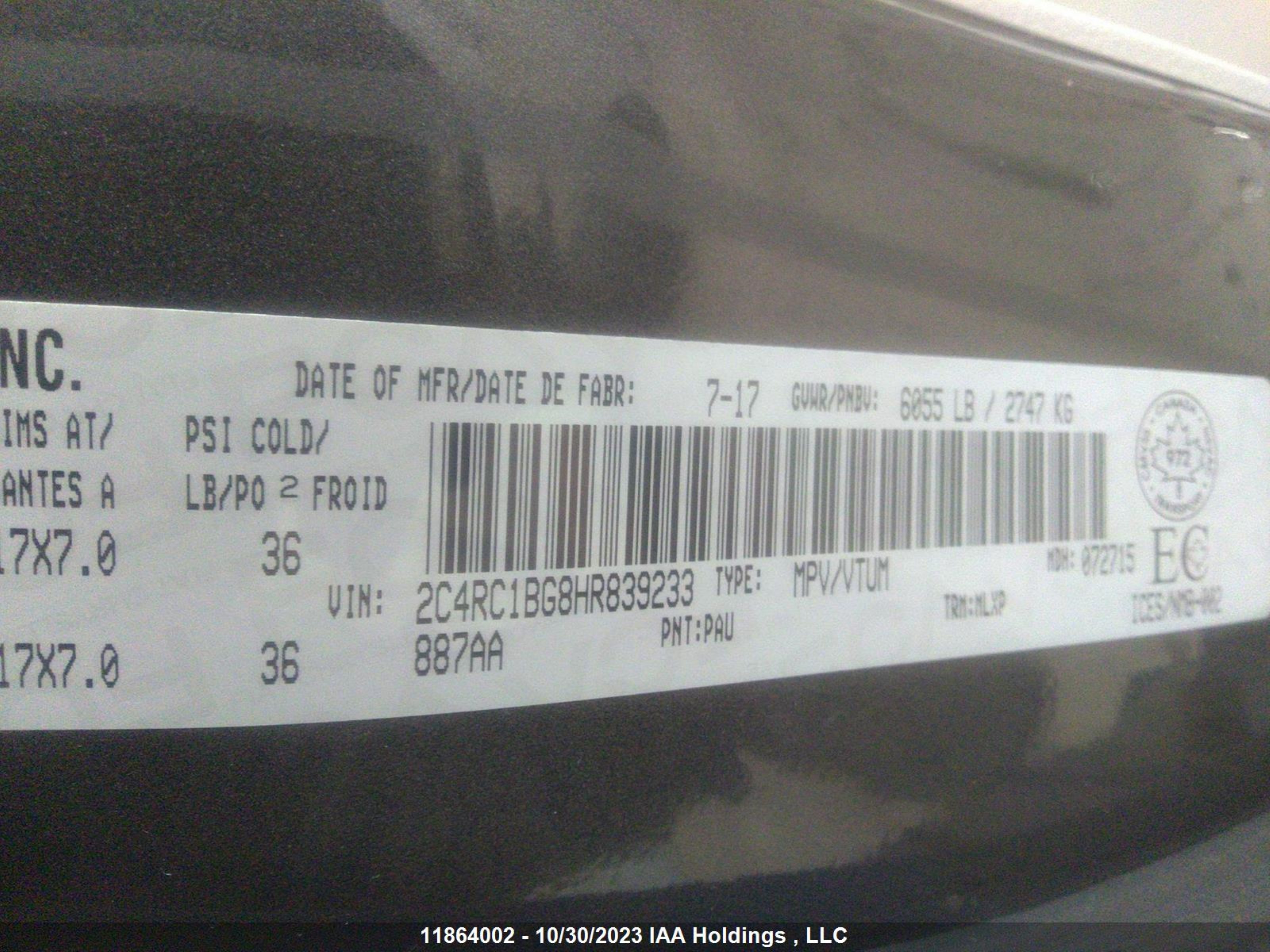 Photo 8 VIN: 2C4RC1BG8HR839233 - CHRYSLER PACIFICA 